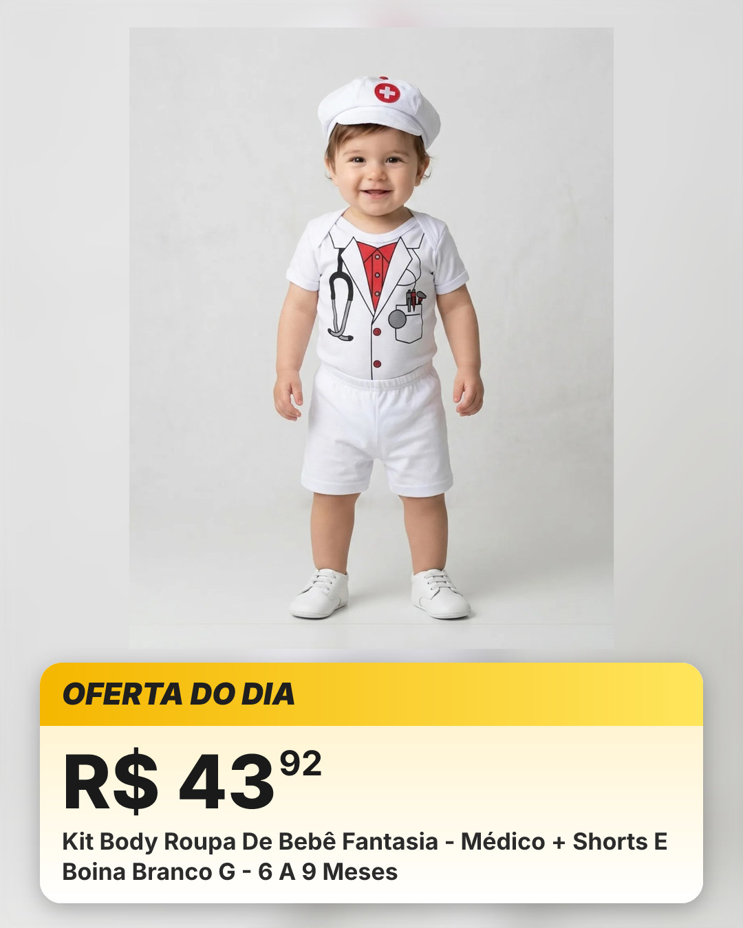 Kit Body Roupa De Bebê Fantasia - Médico + Shorts E Boina Branco G - 6 A 9 Meses