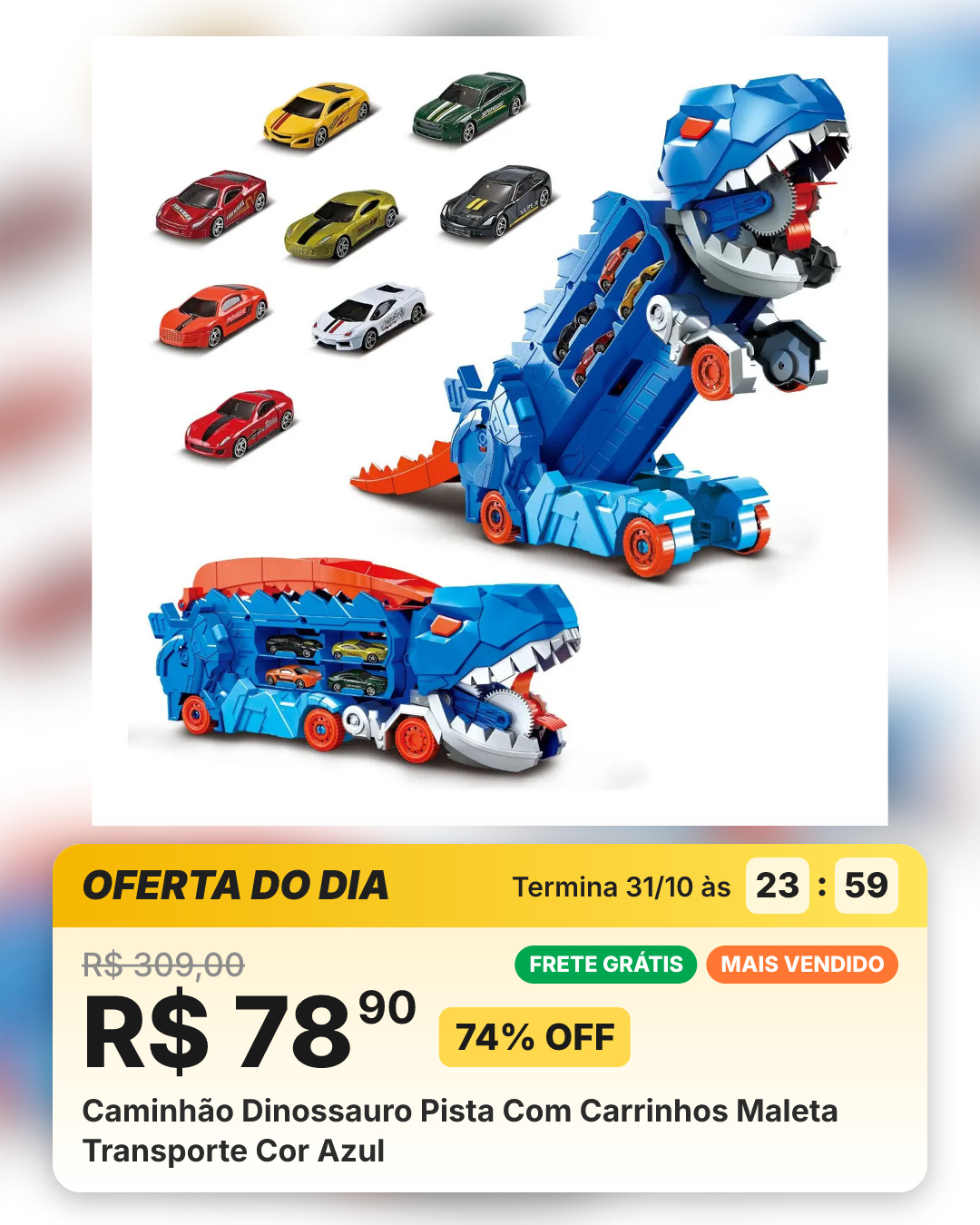 Caminhão Dinossauro Pista Com Carrinhos Maleta Transporte Cor Azul