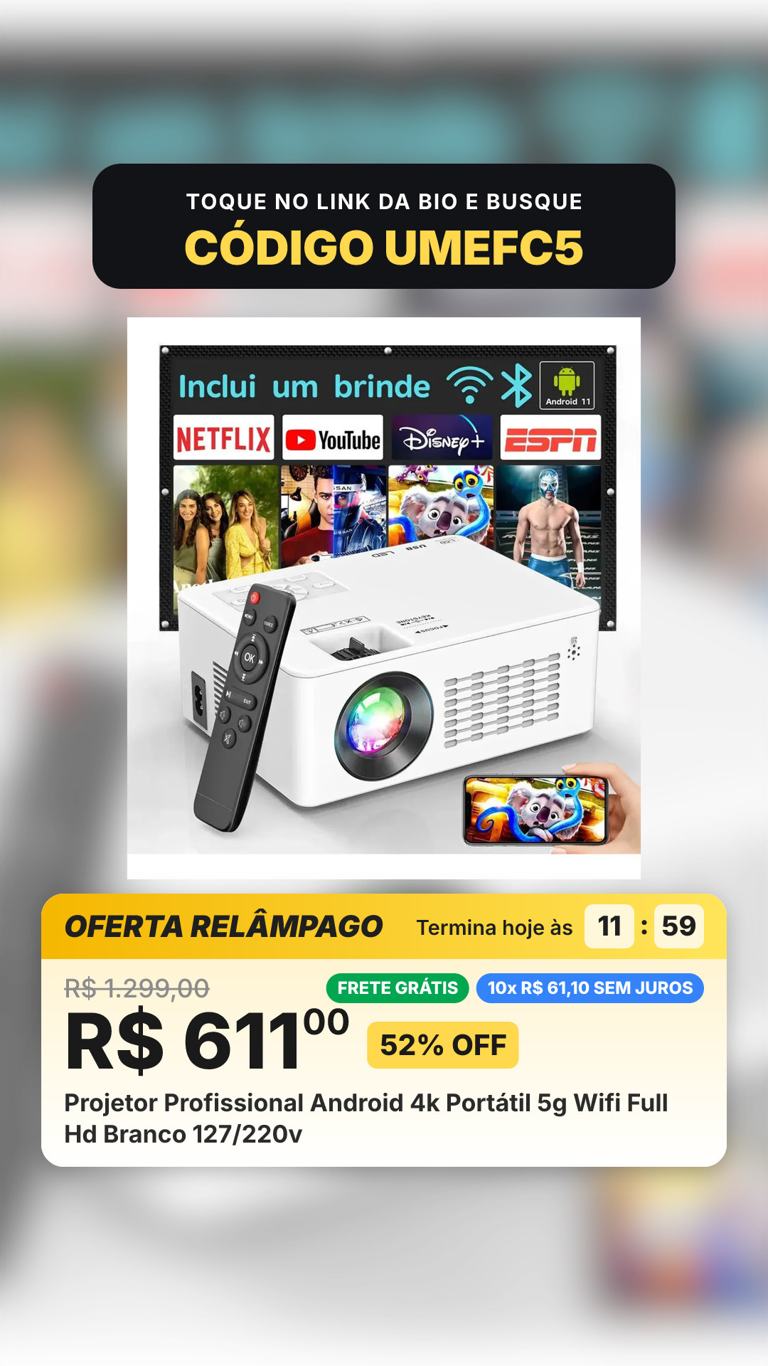 Projetor Profissional Android 4k Portátil 5g Wifi Full Hd Branco 127/220v