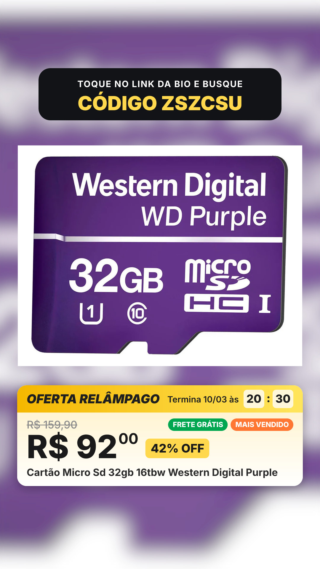 Cartão Micro Sd 32gb 16tbw Western Digital Purple