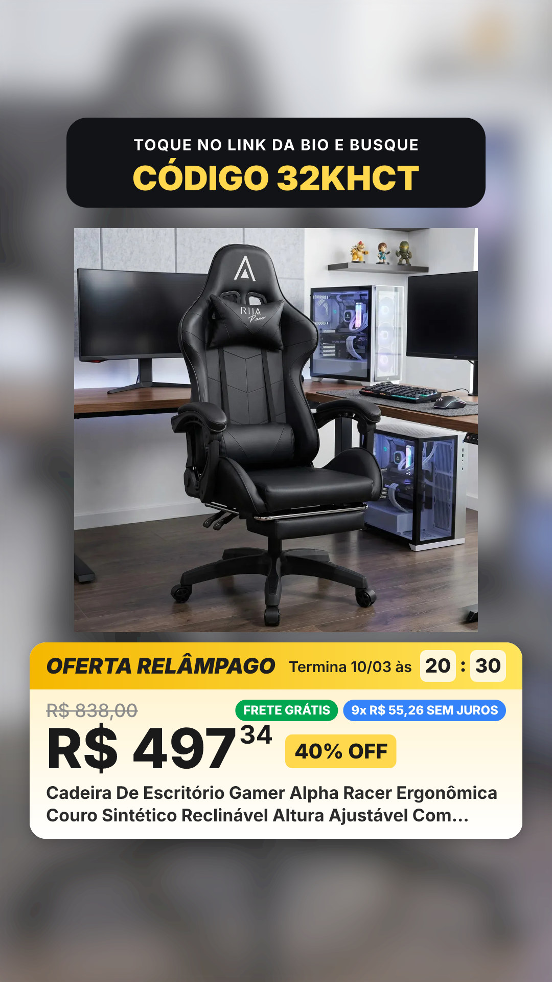 Cadeira De Escritório Gamer Alpha Racer Ergonômica Couro Sintético Reclinável Altura Ajustável Com Apoio Para Pés Preta Vincere Brasil Preto