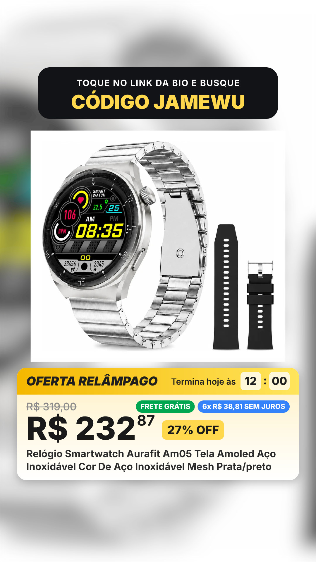 Relógio Smartwatch Aurafit Am05 Tela Amoled Aço Inoxidável Cor De Aço Inoxidável Mesh Prata/preto