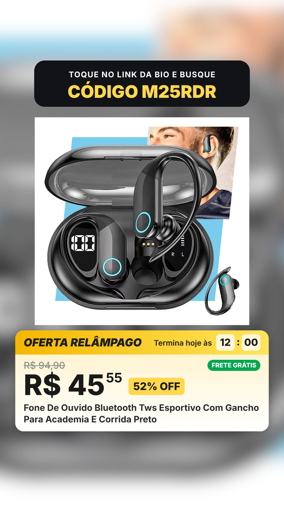 Fone De Ouvido Bluetooth Tws Esportivo Com Gancho Para Academia E Corrida Preto
