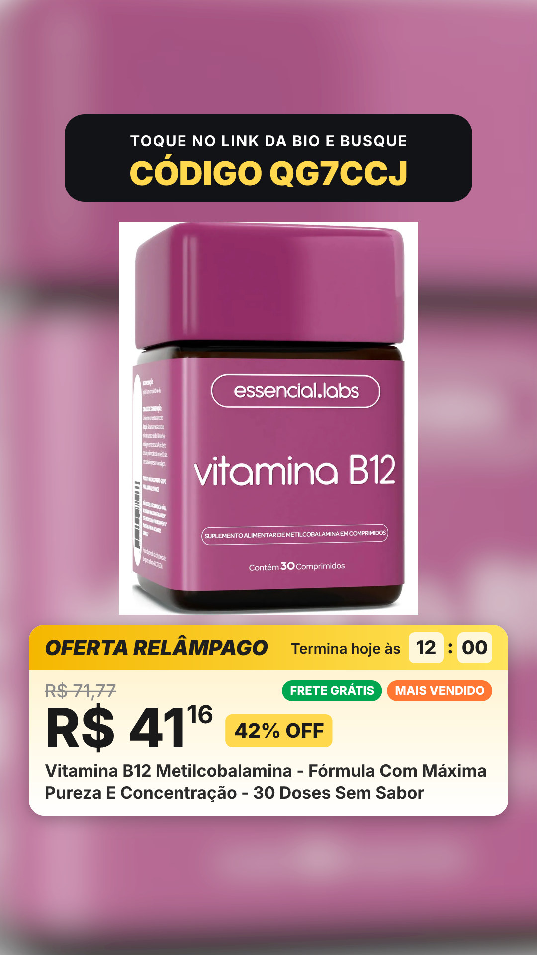 Vitamina B12 Metilcobalamina - Fórmula Com Máxima Pureza E Concentração - 30 Doses Sem Sabor