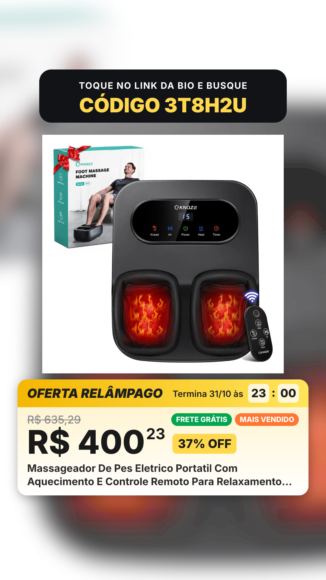 Massageador De Pes Eletrico Portatil Com Aquecimento E Controle Remoto Para Relaxamento Pés E Pernas Shiatsu Profissional Preto
