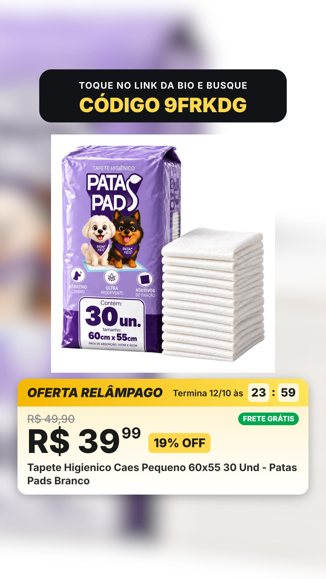 Tapete Higienico Caes Pequeno 60x55 30 Und - Patas Pads Branco