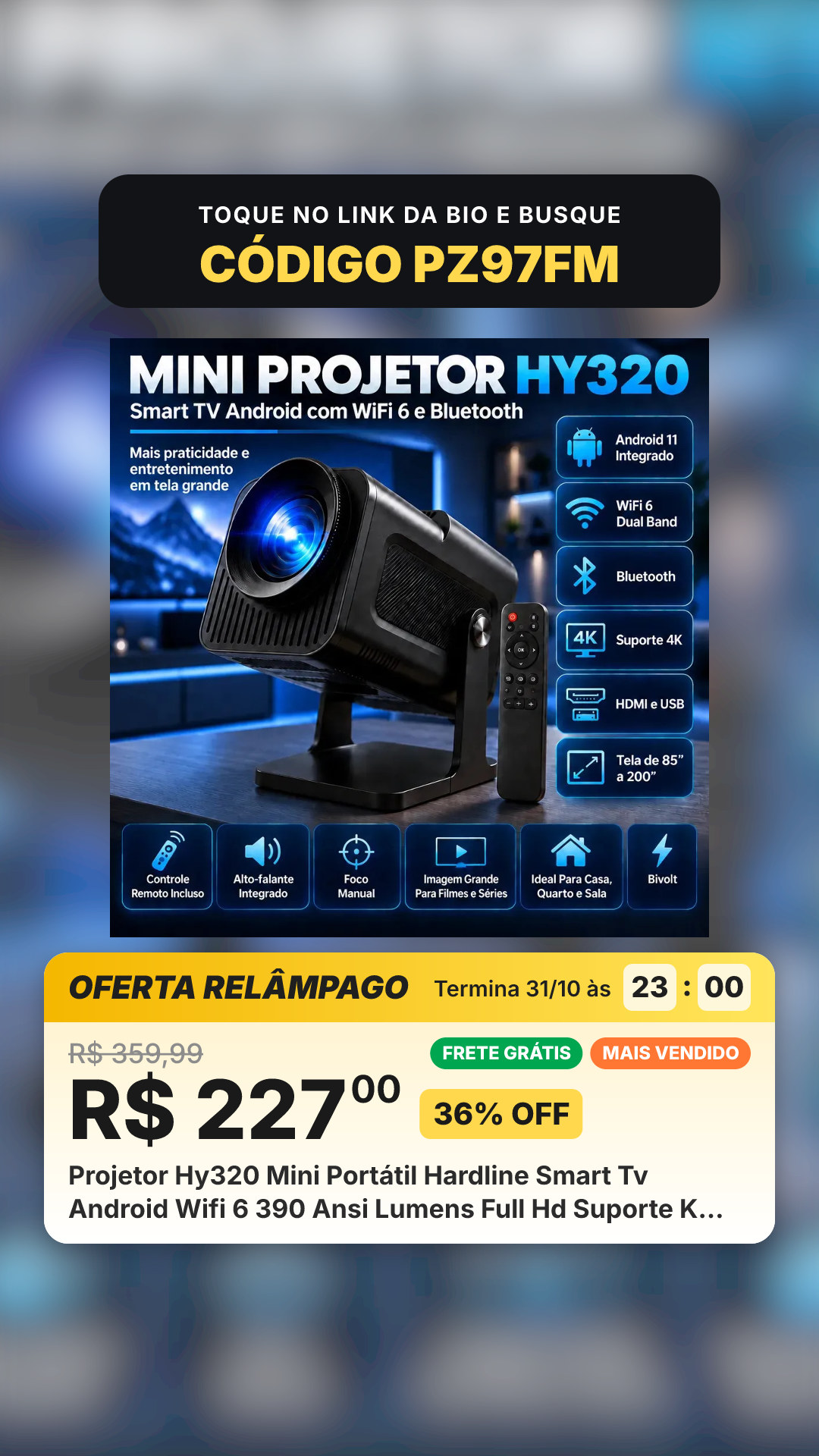 Projetor Hy320 Mini Portátil Hardline Smart Tv Android Wifi 6 390 Ansi Lumens Full Hd Suporte K Hmi Bluetooth 85-200 Polegadas Alto Falante Com Controle Remoto Bivolt Preto 127/220v