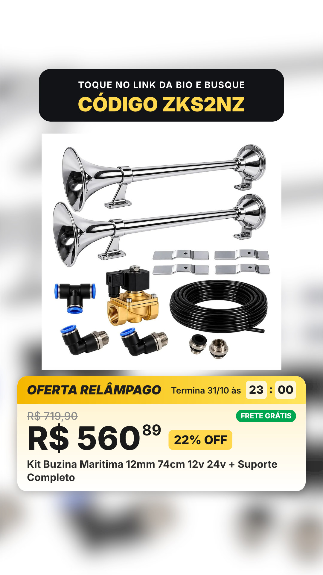 Kit Buzina Maritima 12mm 74cm 12v 24v + Suporte Completo