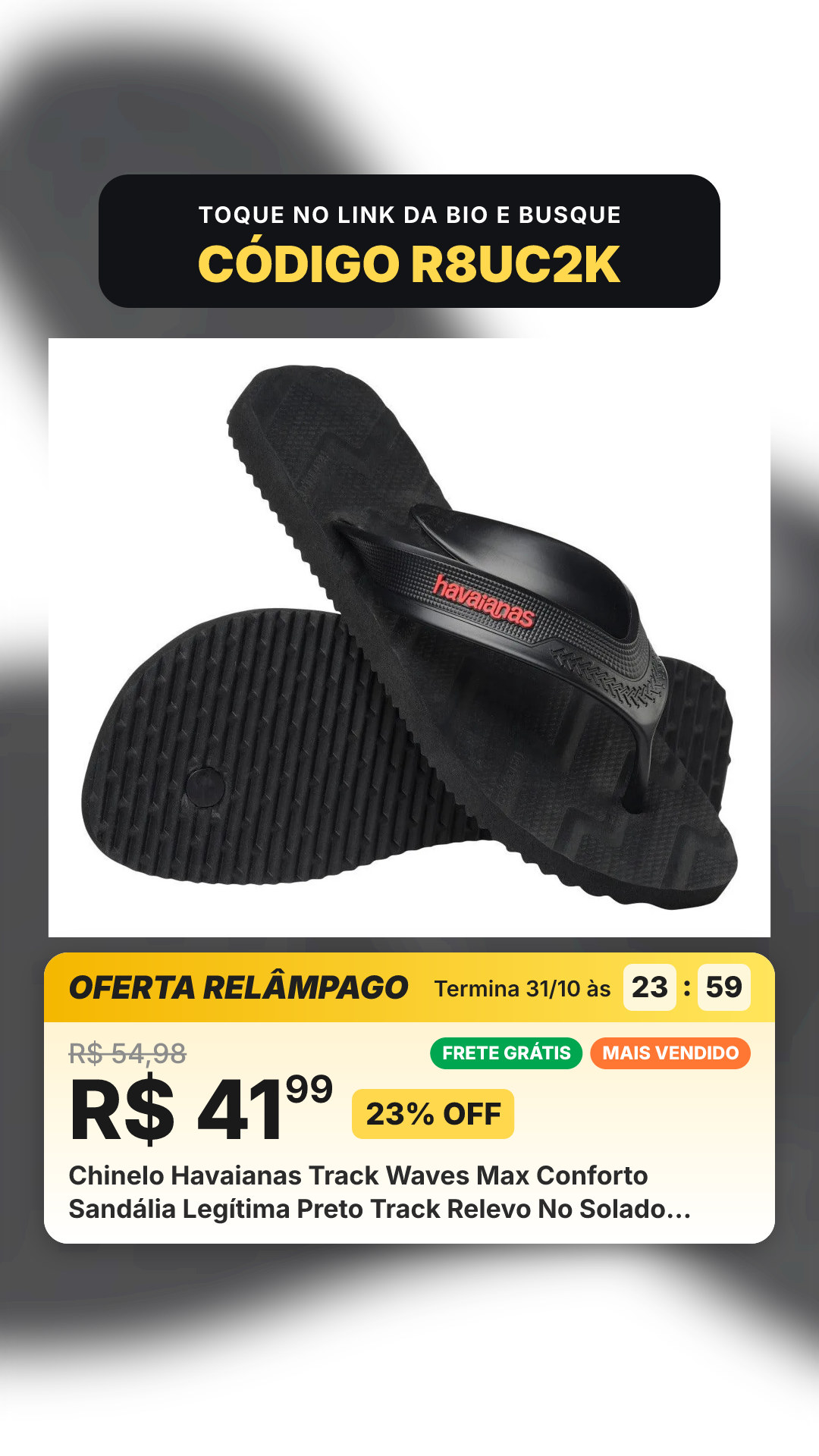 Chinelo Havaianas Track Waves Max Conforto Sandália Legítima Preto Track Relevo No Solado 41/42 Br