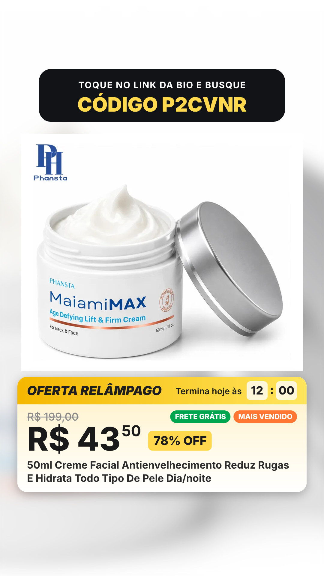 50ml Creme Facial Antienvelhecimento Reduz Rugas E Hidrata Todo Tipo De Pele Dia/noite