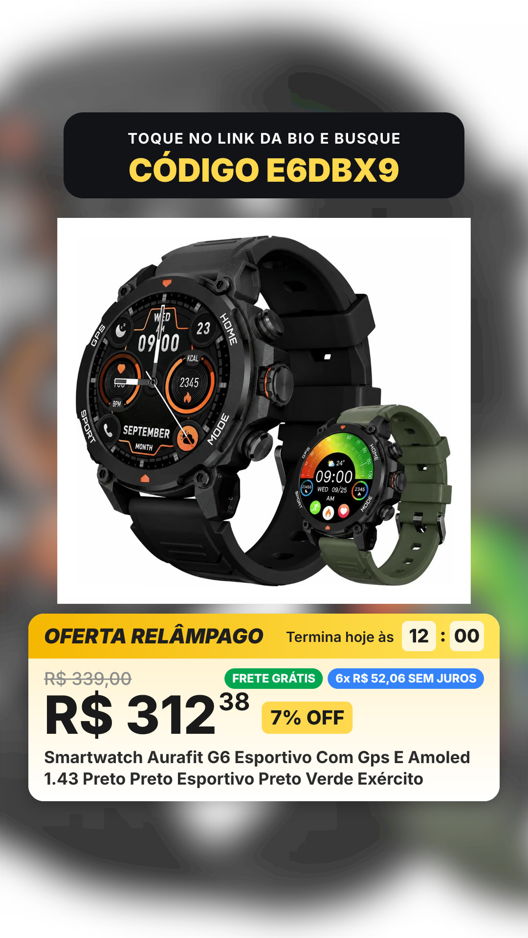 Smartwatch Aurafit G6 Esportivo Com Gps E Amoled 1.43 Preto Preto Esportivo Preto Verde Exército