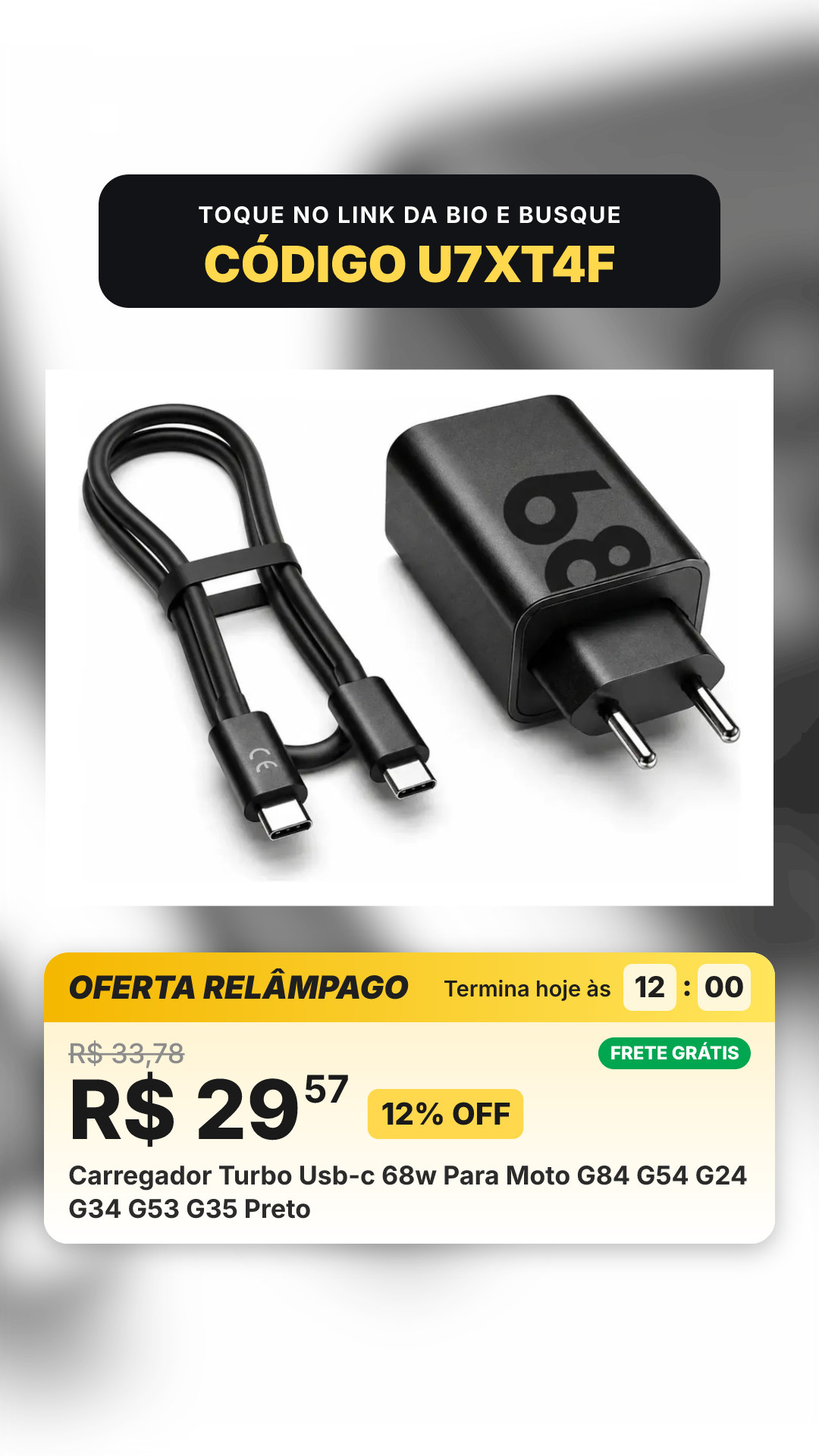 Carregador Turbo Usb-c 68w Para Moto G84 G54 G24 G34 G53 G35 Preto