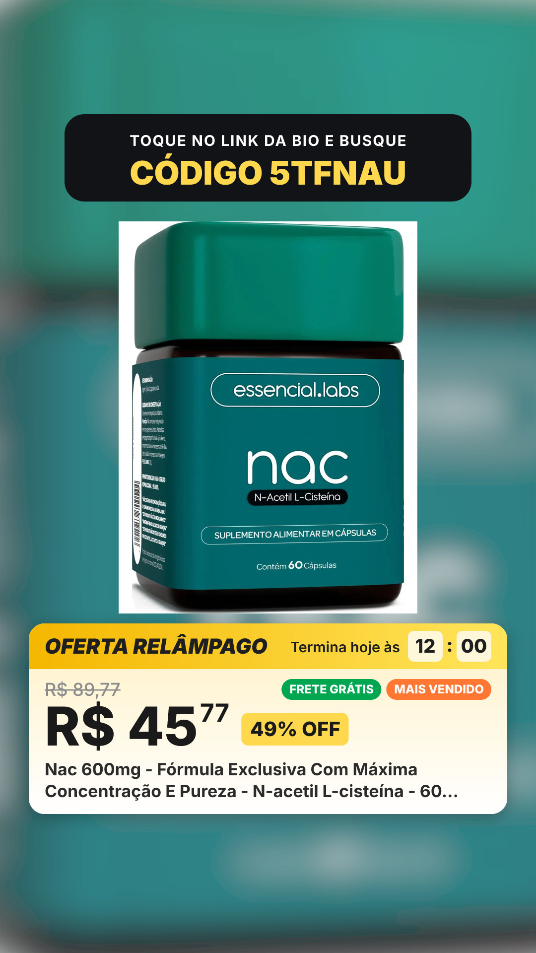 Nac 600mg - Fórmula Exclusiva Com Máxima Concentração E Pureza - N-acetil L-cisteína - 60 Cápsulas Sem Sabor