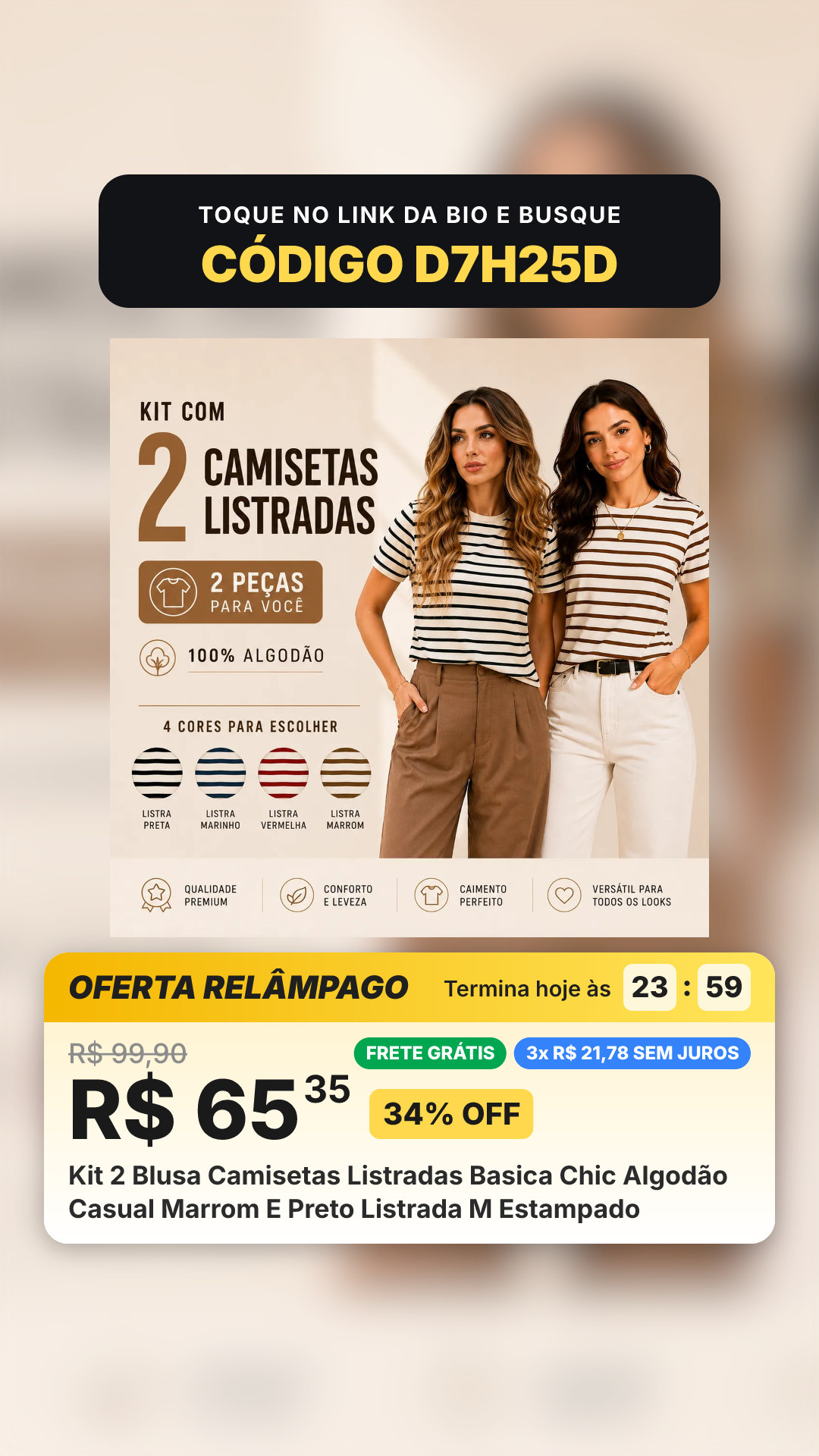 Kit 2 Blusa Camisetas Listradas Basica Chic Algodão Casual Marrom E Preto Listrada M Estampado