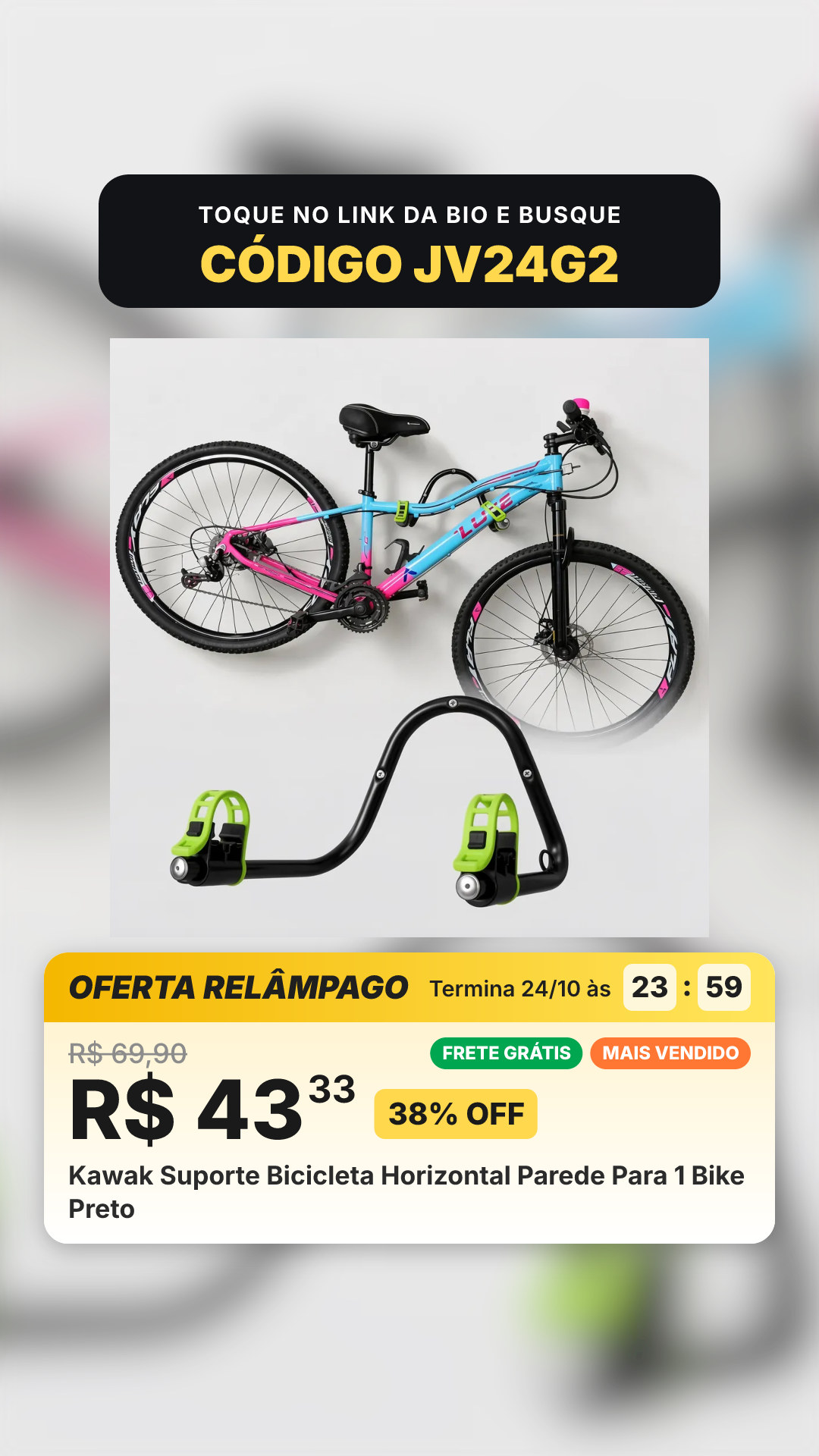 Kawak Suporte Bicicleta Horizontal Parede Para 1 Bike Preto