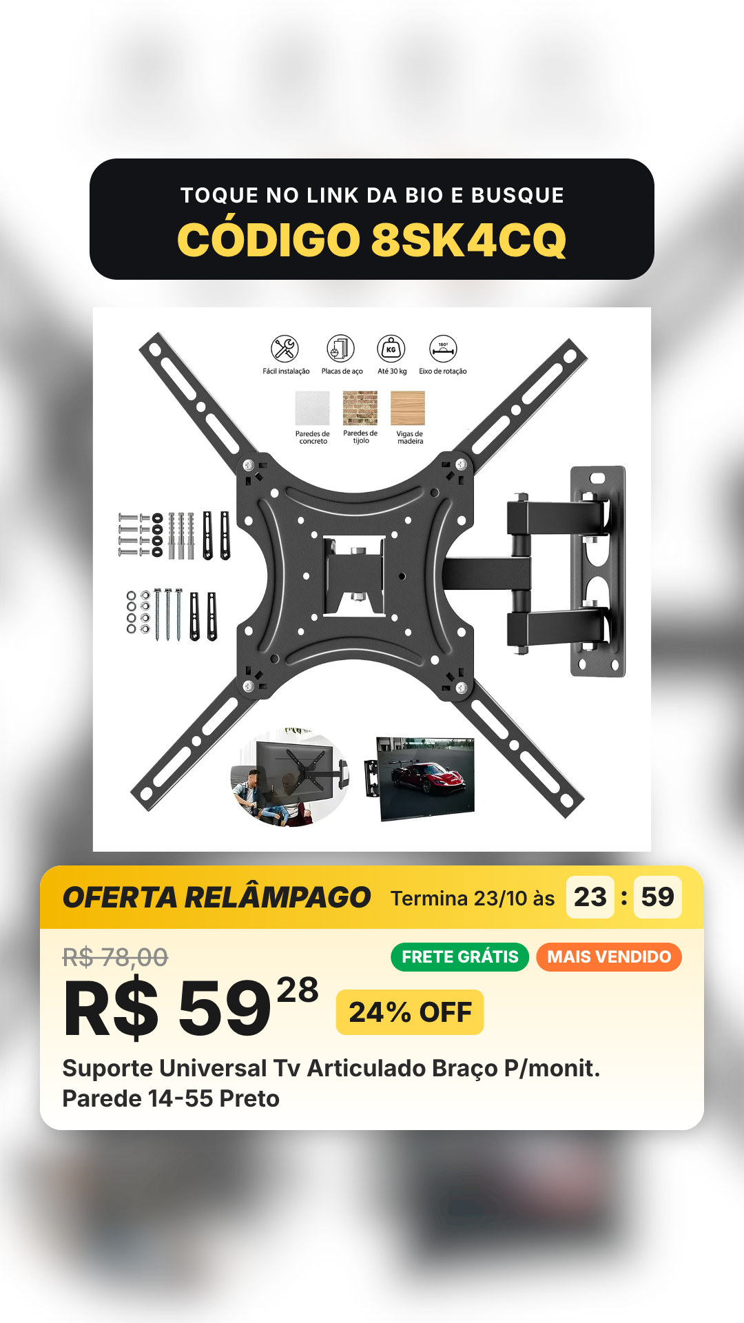 Suporte Universal Tv Articulado Braço P/monit. Parede 14-55 Preto