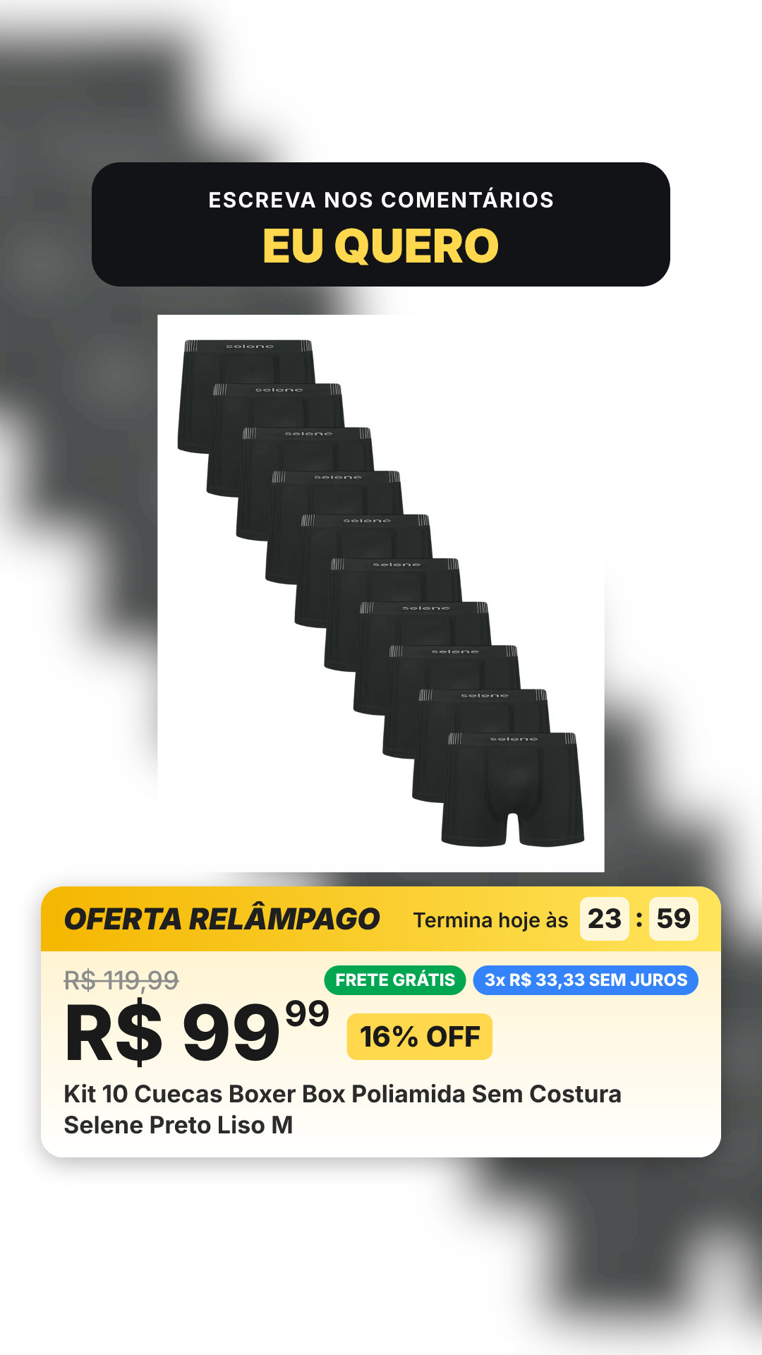 Kit 10 Cuecas Boxer Box Poliamida Sem Costura Selene Preto Liso M