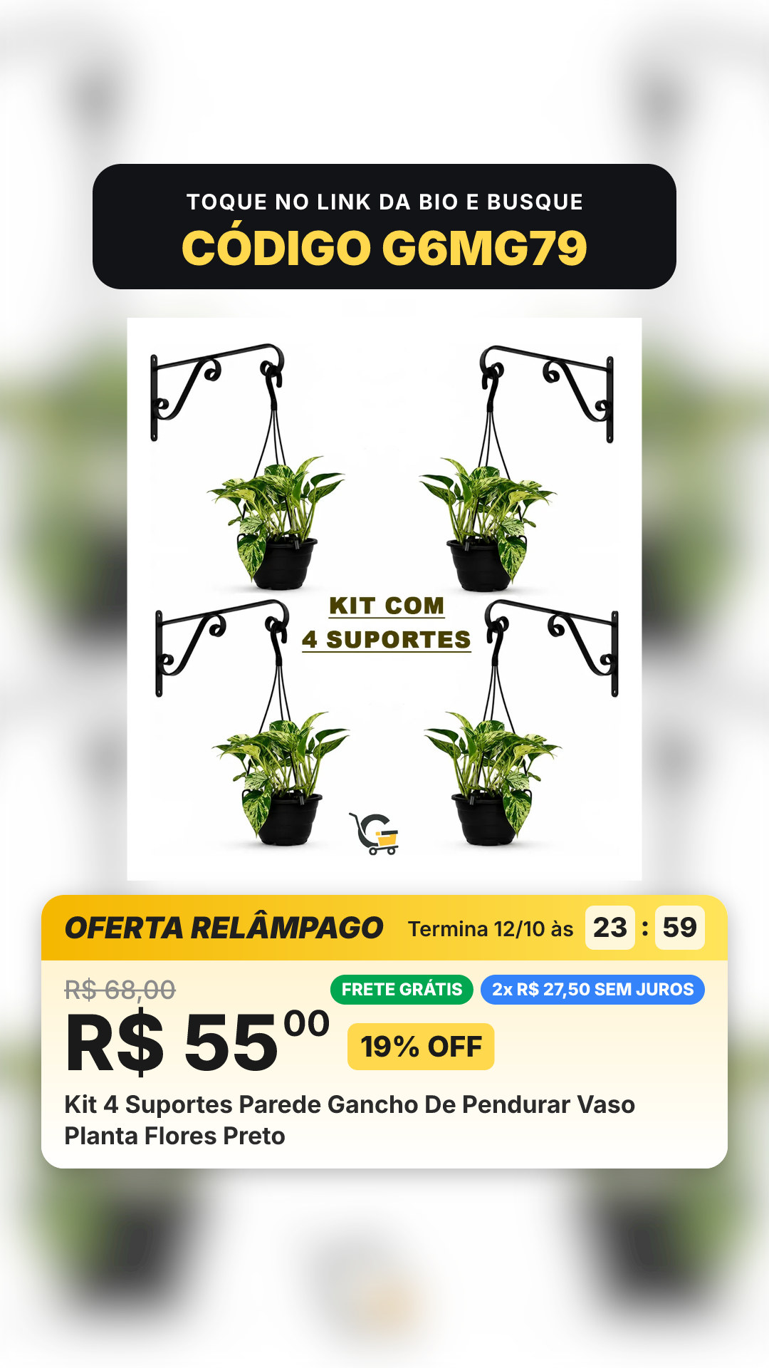 Kit 4 Suportes Parede Gancho De Pendurar Vaso Planta Flores Preto