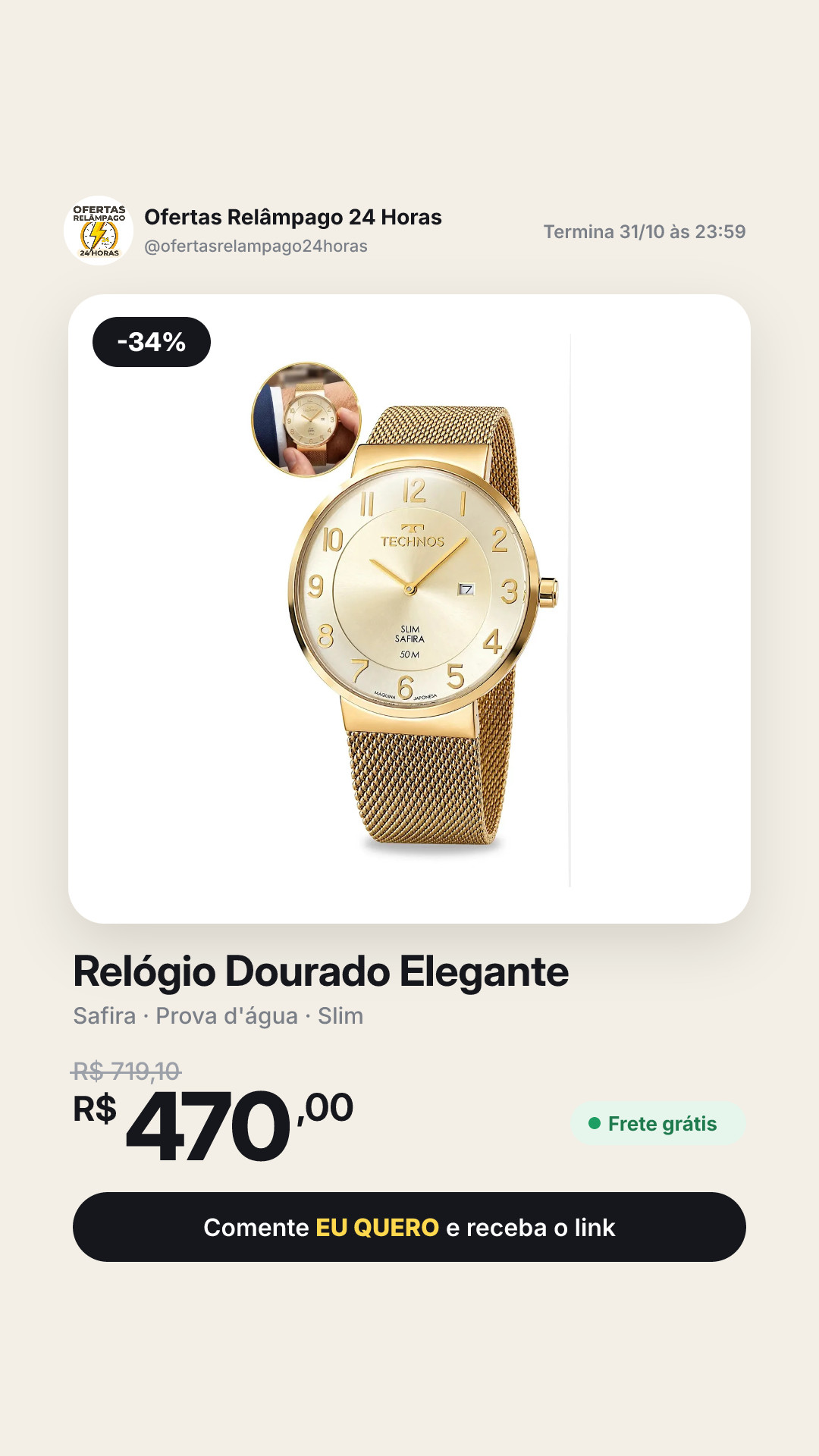 Relógio Technos Masculino Aco Inox Dourado Slim Safira Analogico Prova Dagua Social Elegante Gm15ao-1k