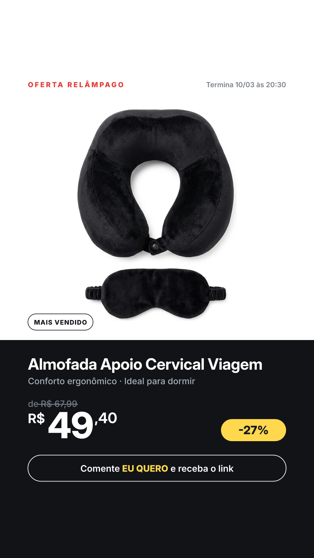Almofada Premium Pescoço Apoio Cervical Dormir Viagem Aviao Preto