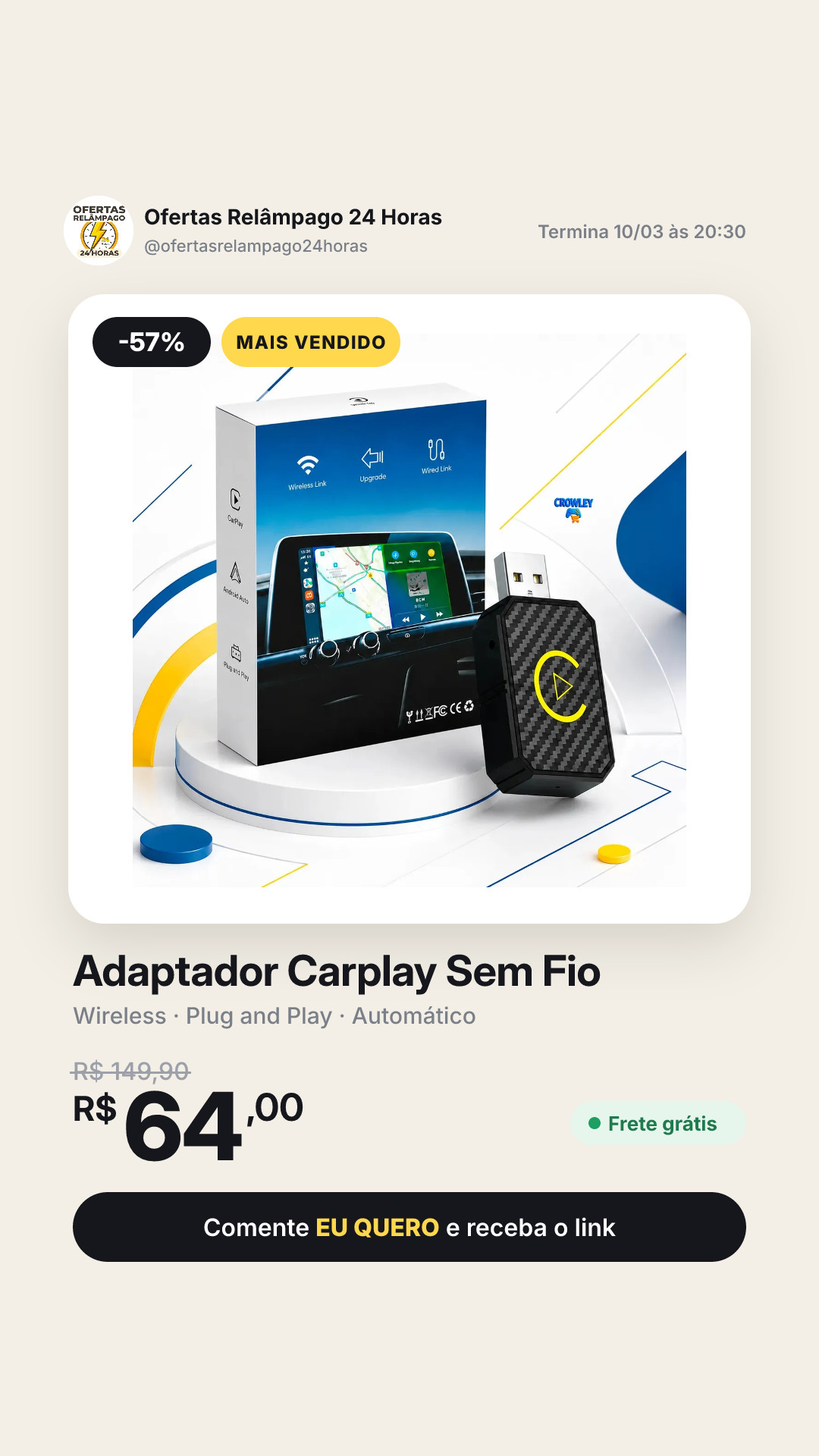 Adaptador Carplay Sem Fio Android Auto 2 Em 1 Usb Usb-c Wireless Plug Play Automático Car Play Smart Wireless Ai Box Crowley