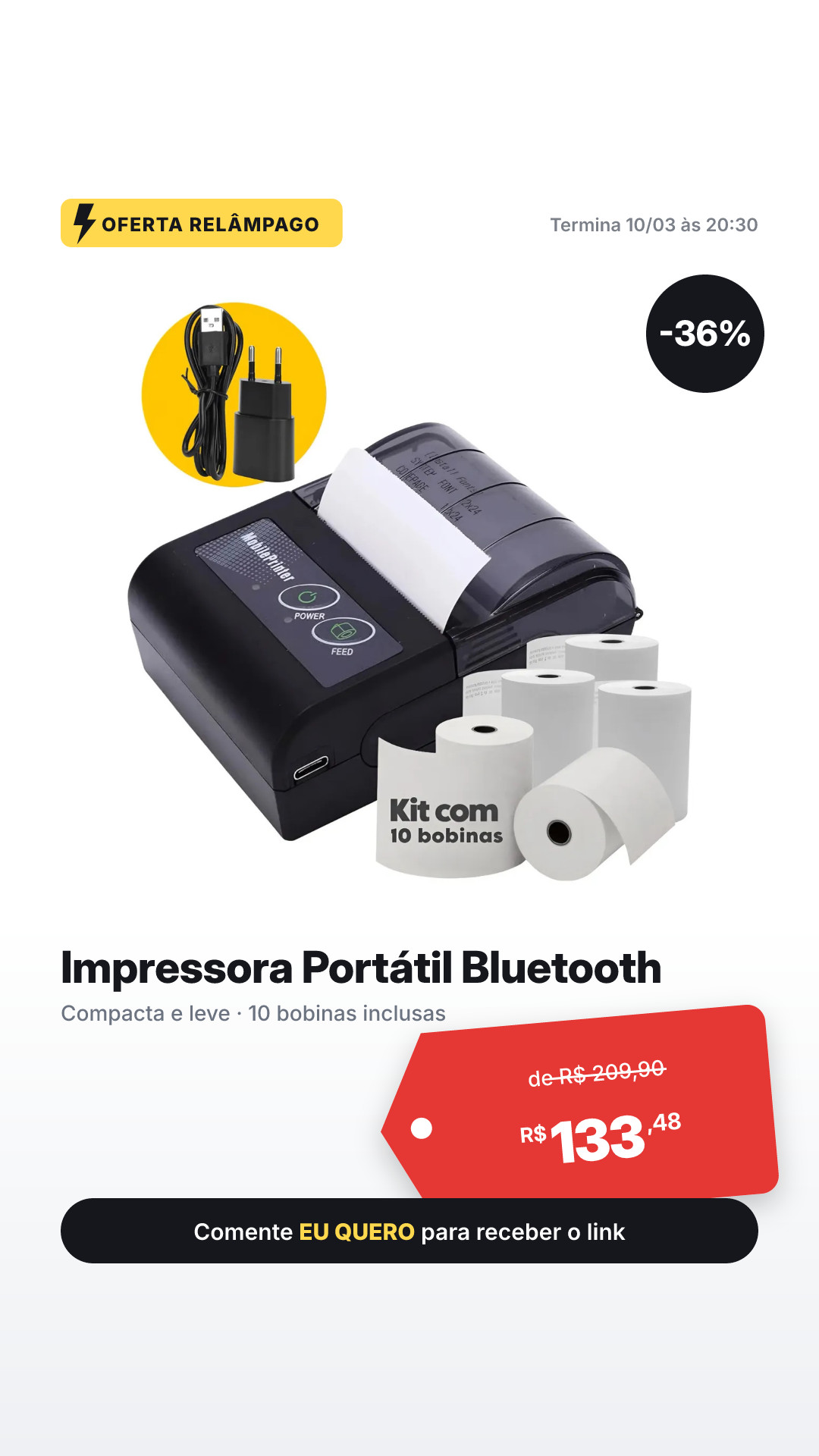 Mini Impressora Portatil Bluetooth Premium Kit C/ 10 Bobinas Pequena Aplicativo Pedidos Qr Code Iget Impressora Preta 127/220v