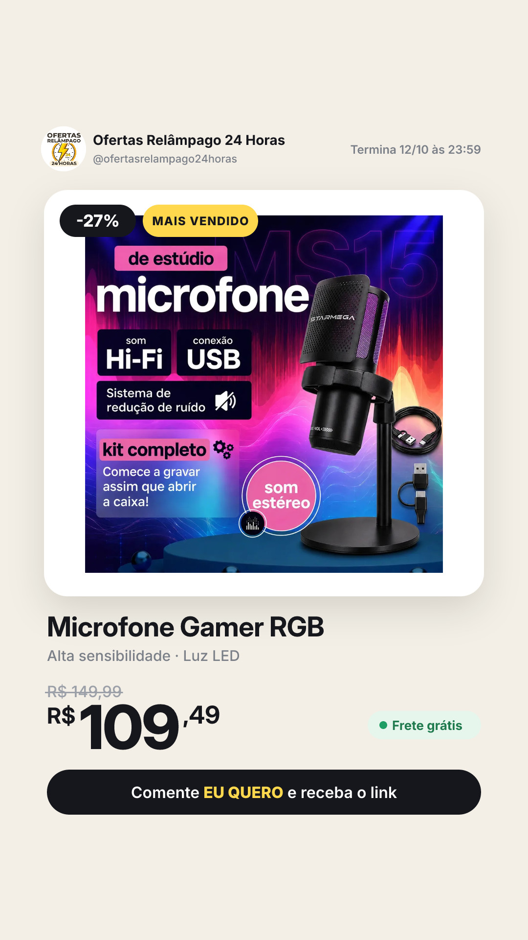 Microfone Condensador Rgb Alta Sensibilidade Usb Para Gamer Streaming E Pc Com Luz Led Preto