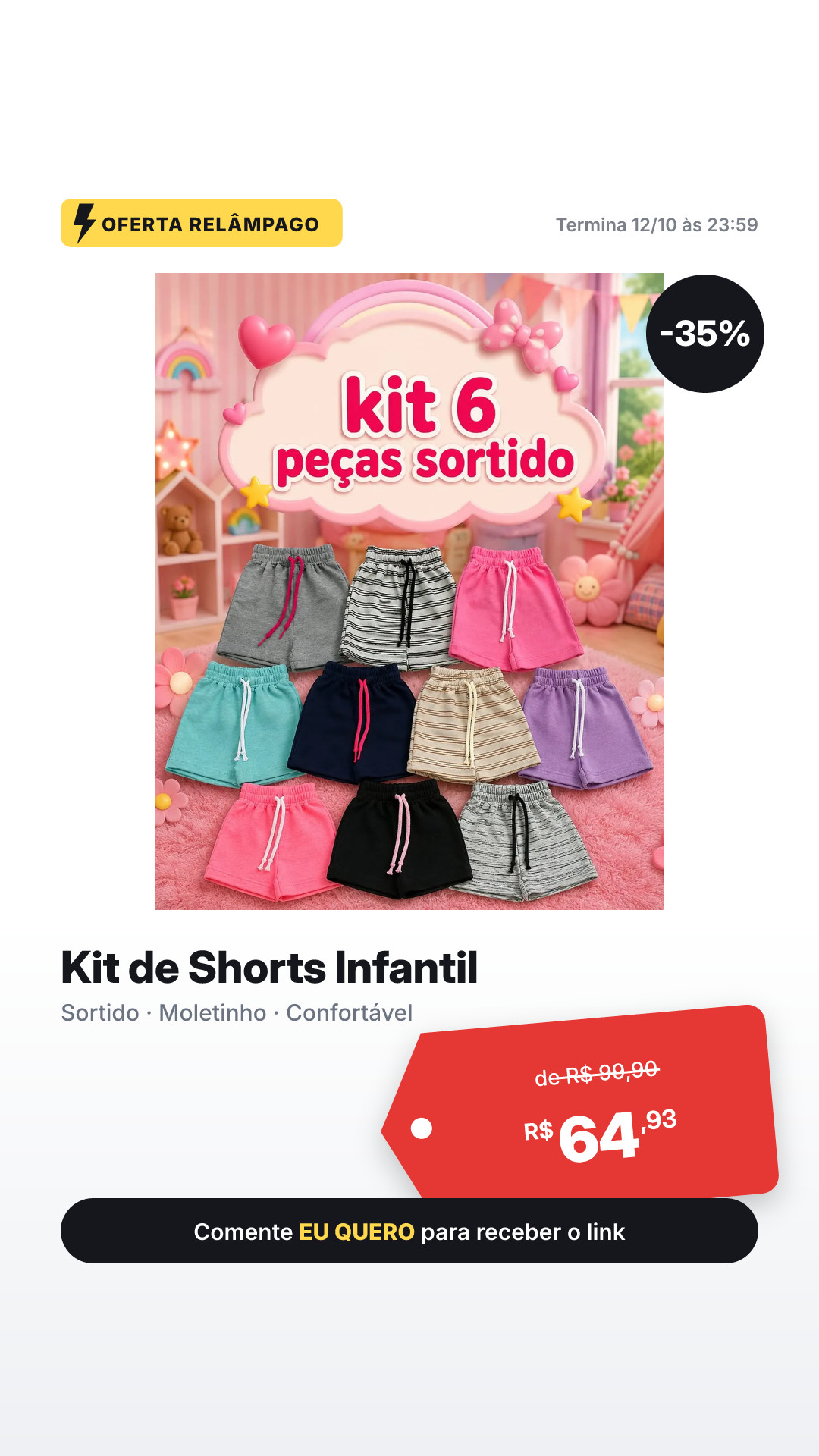 Kit 6 Shorts Infantil Feminino Menina Verão Confortável Sortido Moletinho 8