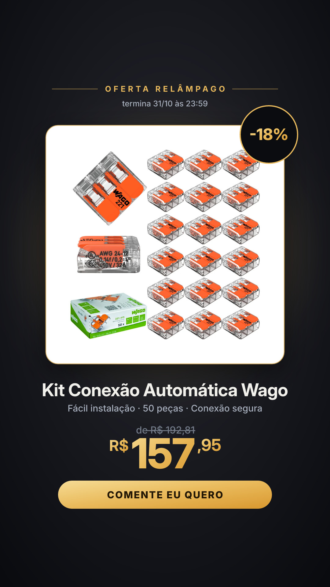 Kit 50 Peças Conexão Automática Wago 3 Fios Modelo 221-413