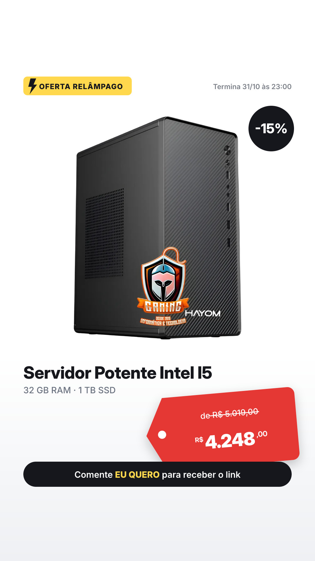 Pc Servidor Cpu I5 12400 12a Geração 32g Ssd 1tb 500w Win 11 1 Tb 32 Gb Uhd Intel 730