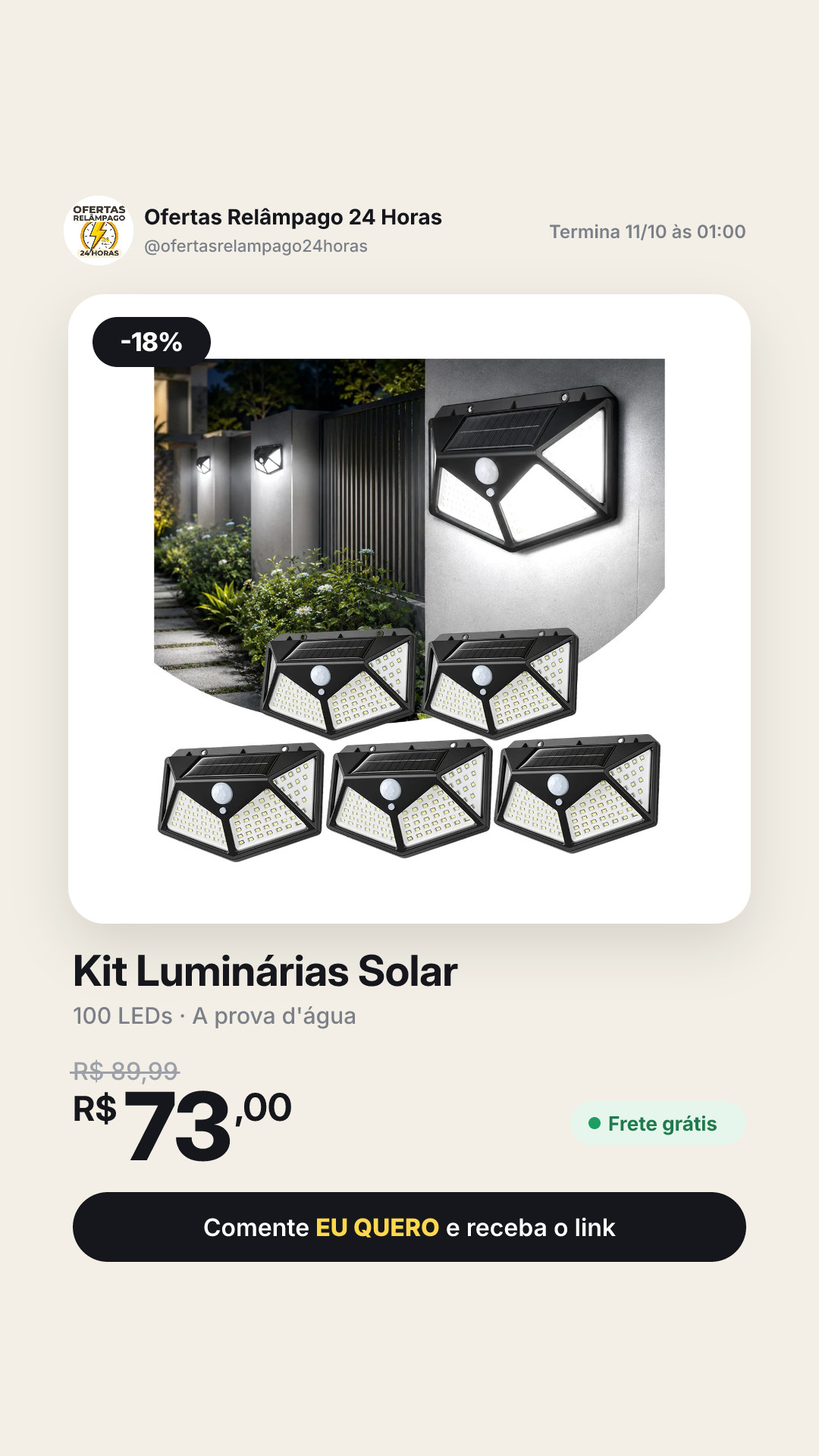 Kit 5 Luminárias Solar 100leds A Prova D'água Parede Externa 127/220v Preto