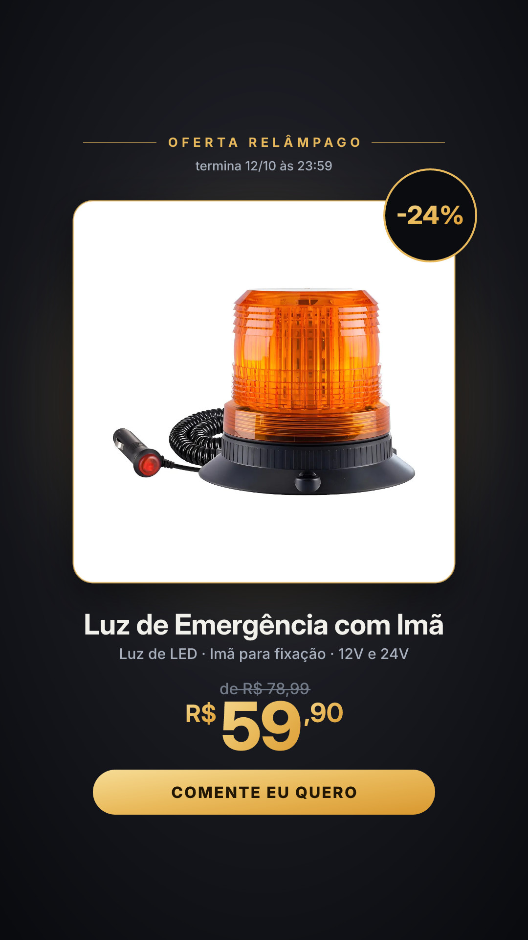 Giroflex Led C/ Imã Luz Emergência 12v 24v Tomada Veicular Laranja