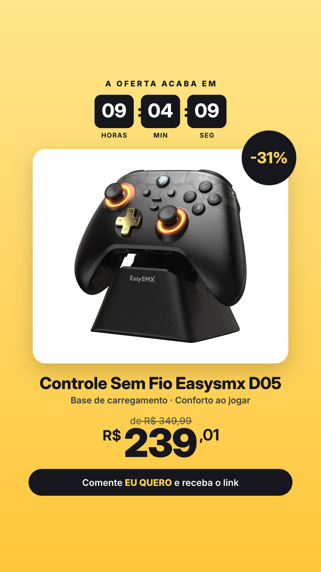 Controle Sem Fio Easysmx D05 Com Base De Carregamento, Gamepad Para Pc, Switch, Celular E Smart Tv, Preto
