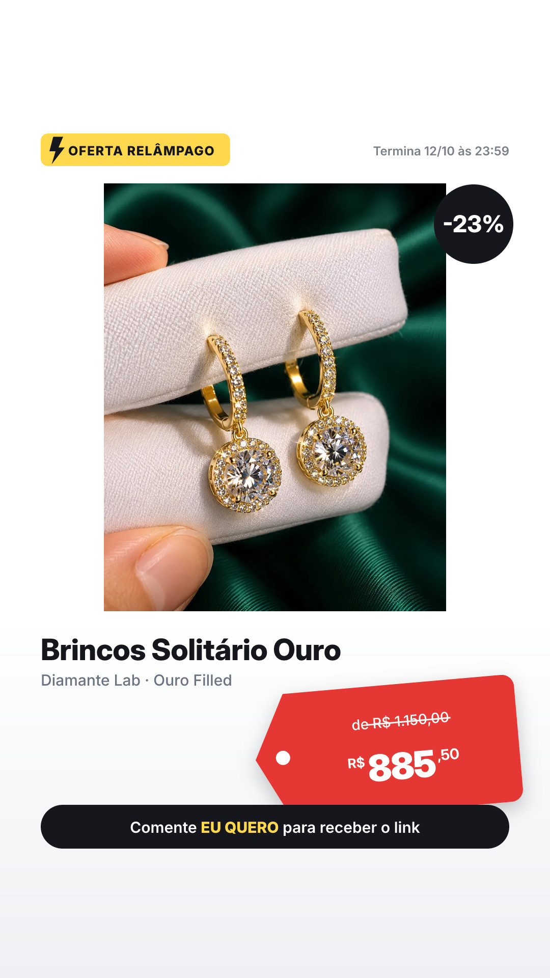 Par Brincos Solitario Diamante Lab Moissanite Ouro Filled Ouro
