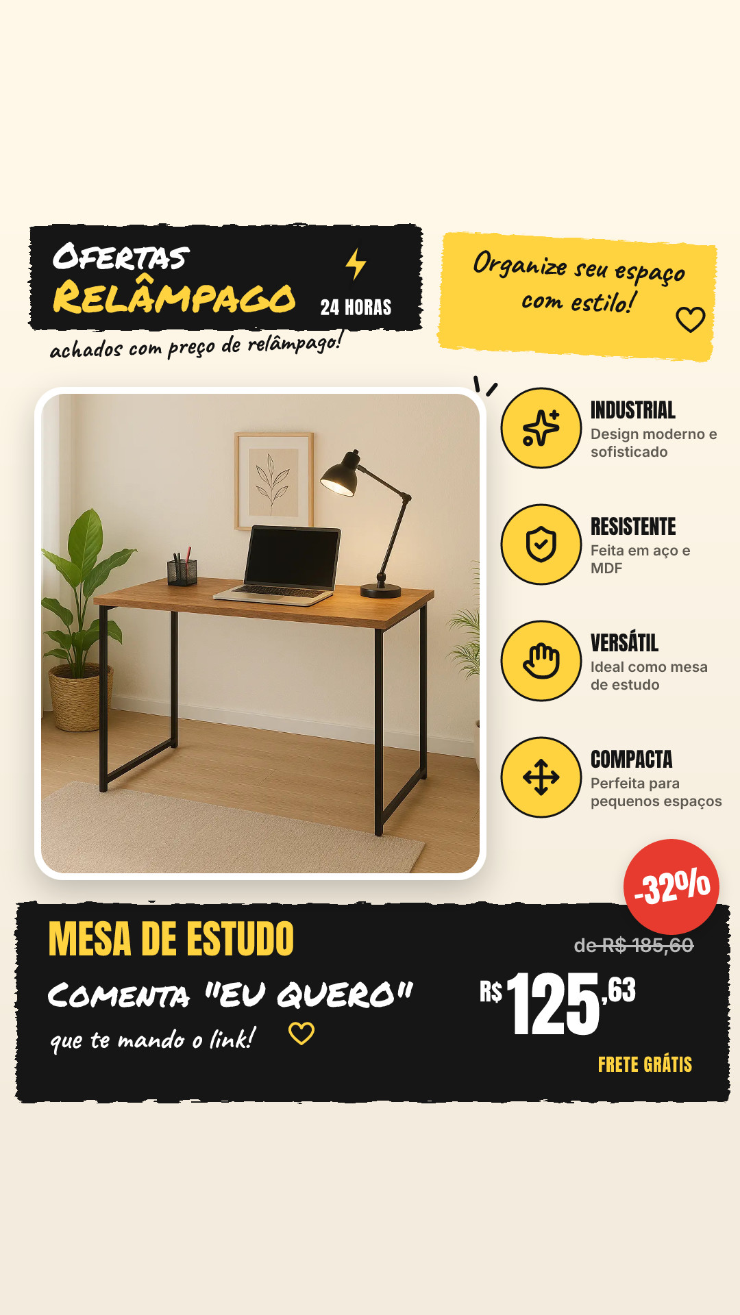 Escrivaninha Industrial 90cm Mesa Estudo Aparador Aço Mdf