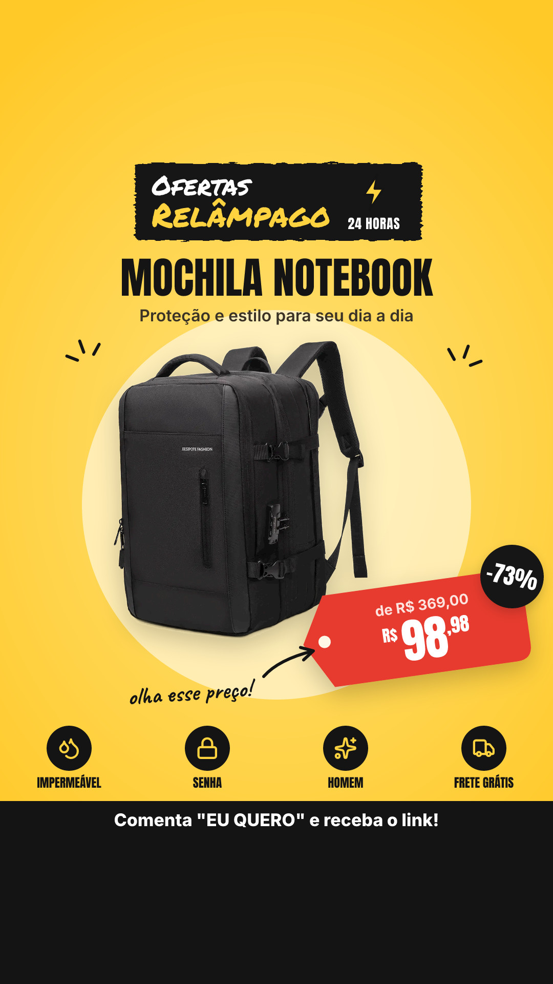 Mochila Para Notebook Impermeável Com Porta Usb E Senha Para Homem Preto