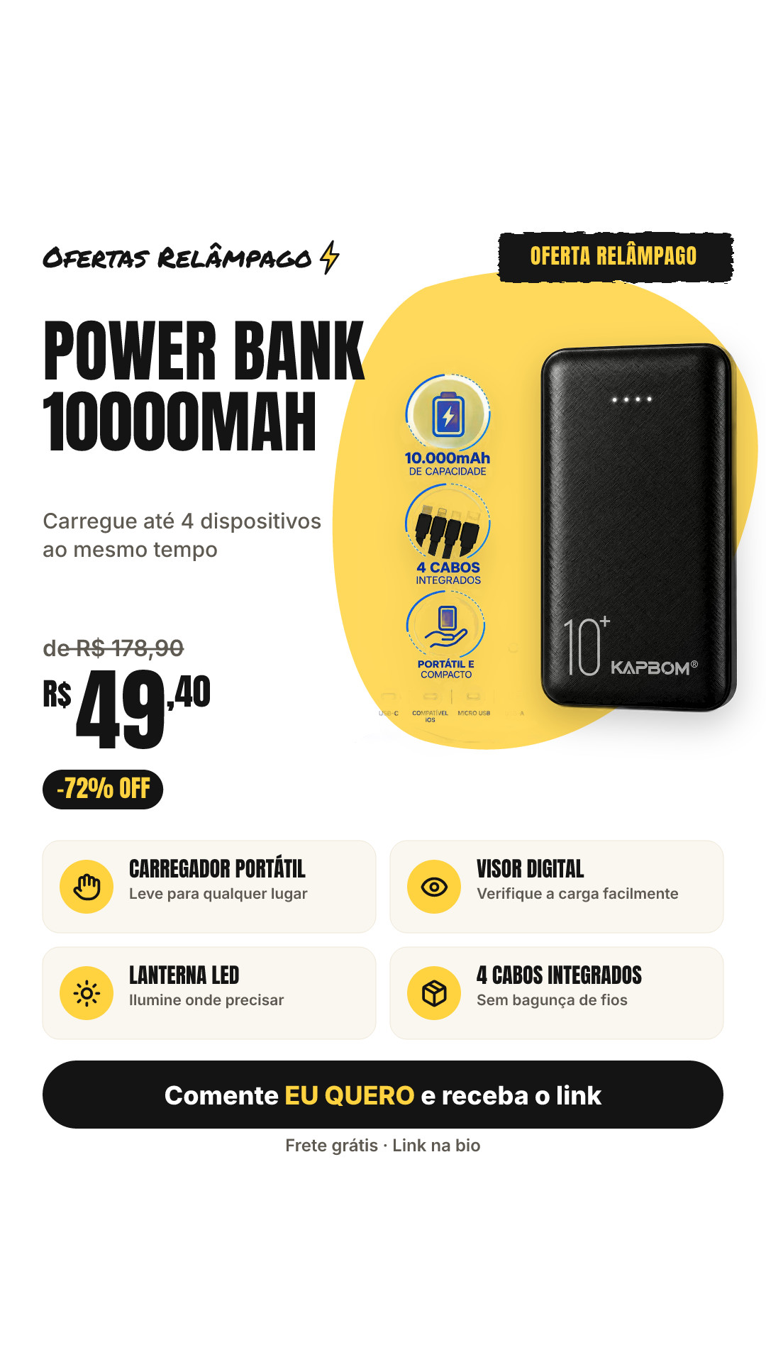 Power Bank 10000mah Carregador Portátil 4 Cabos Integrados Visor Digital Lanterna Led Usb Tipo C Compatível iPhone Samsung Xiaomi Android Bateria Externa Carrega 4 Dispositivos Preto/branco