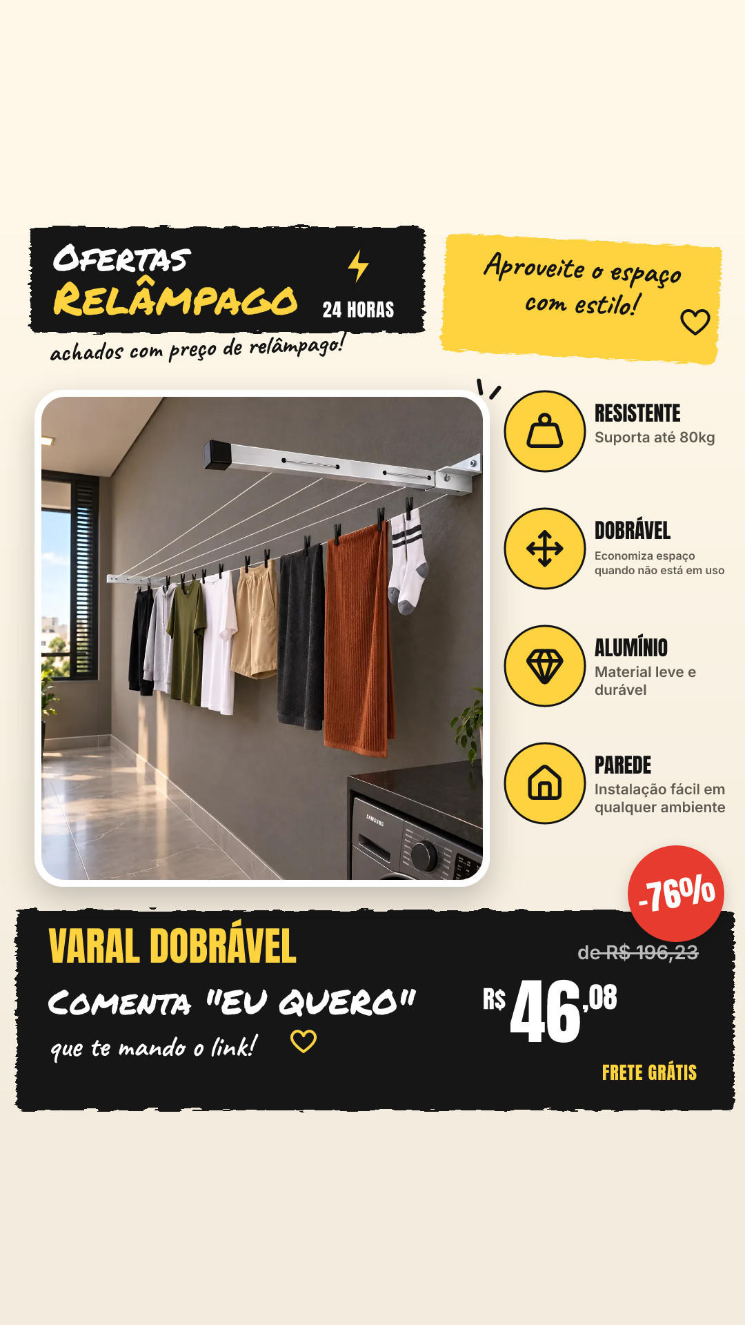 Varal Dobravel De Parede Aluminio Premium Resistente 80kg Alumínio