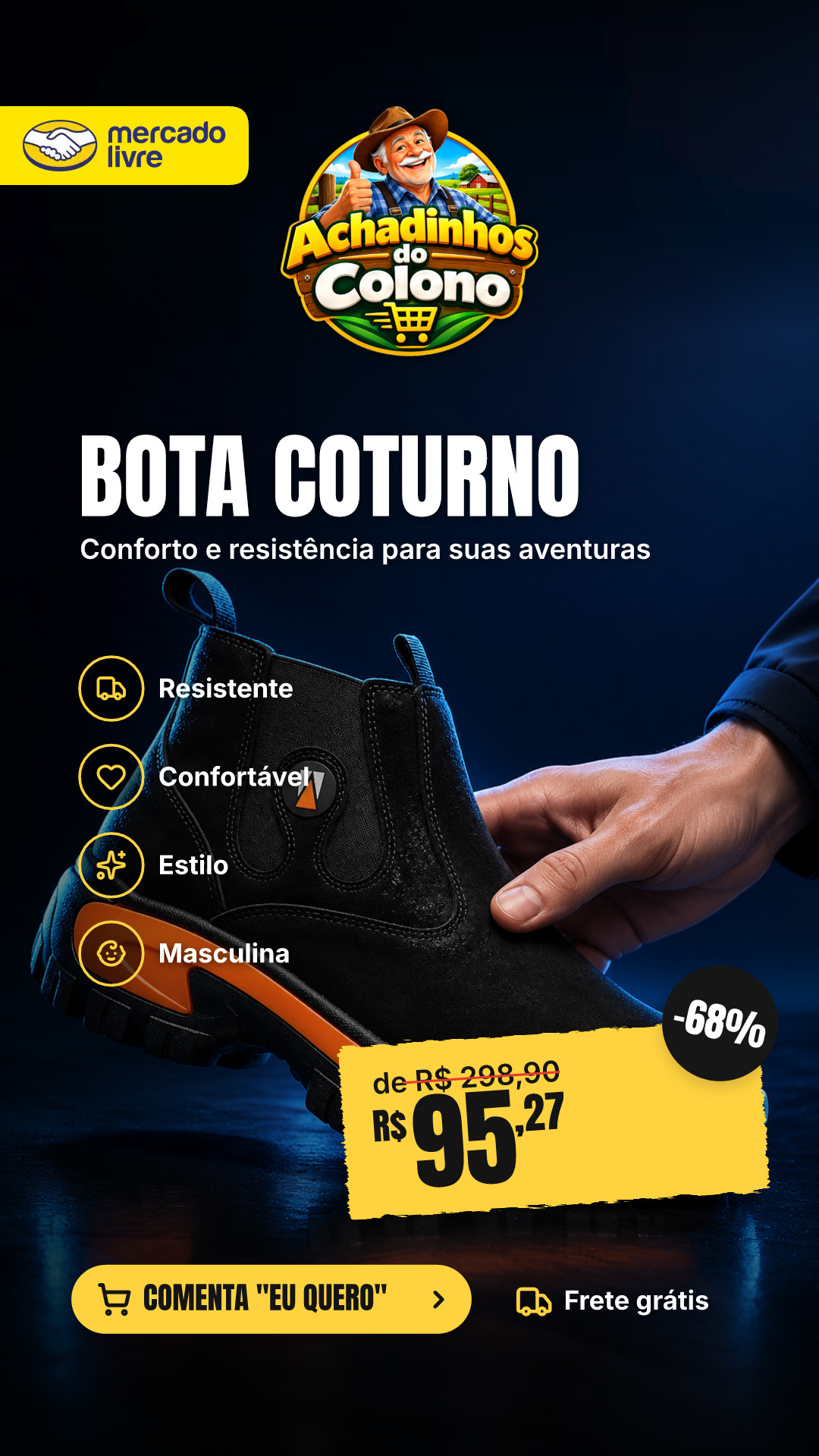 Bota Masculina Coturno Adventure Couro + Palmilha Reforçado