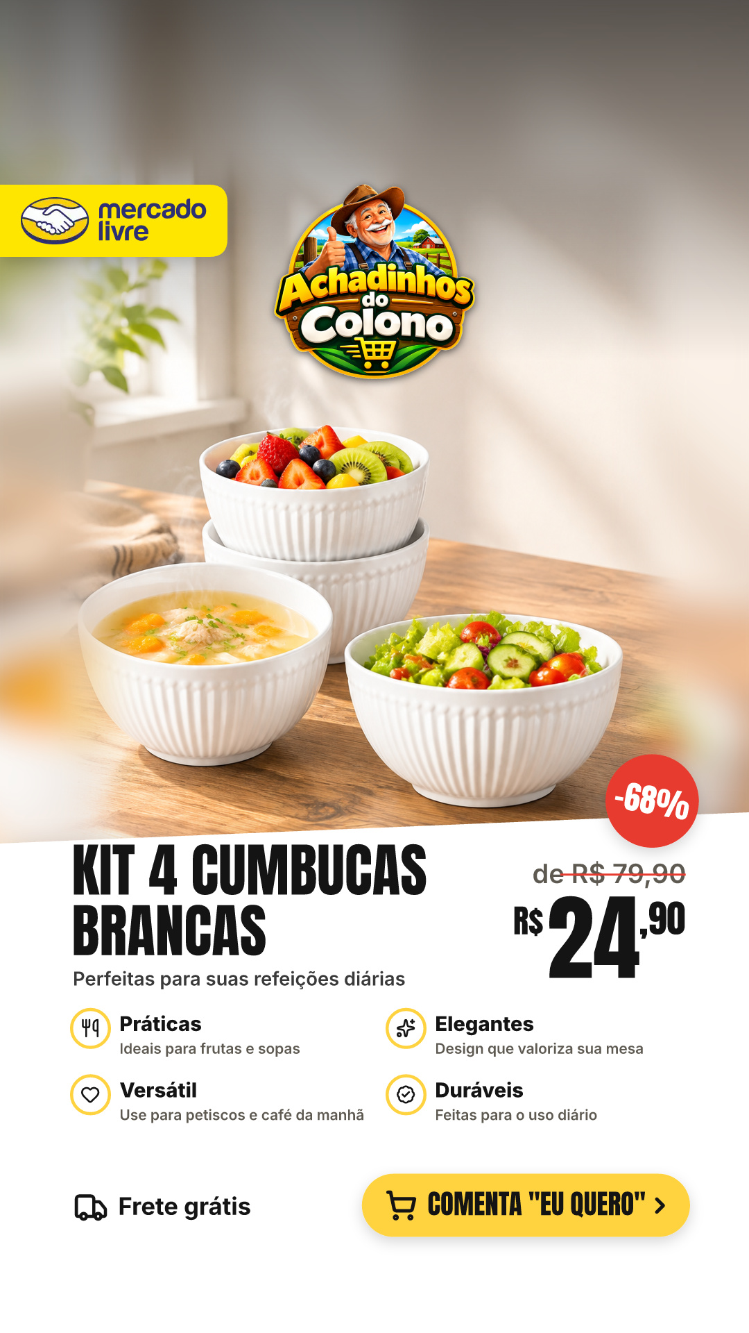 4 Bowls Cumbuca Tigela Frutas Sopa Caldo Petiscos Café Da Manhã Sekbem Branco
