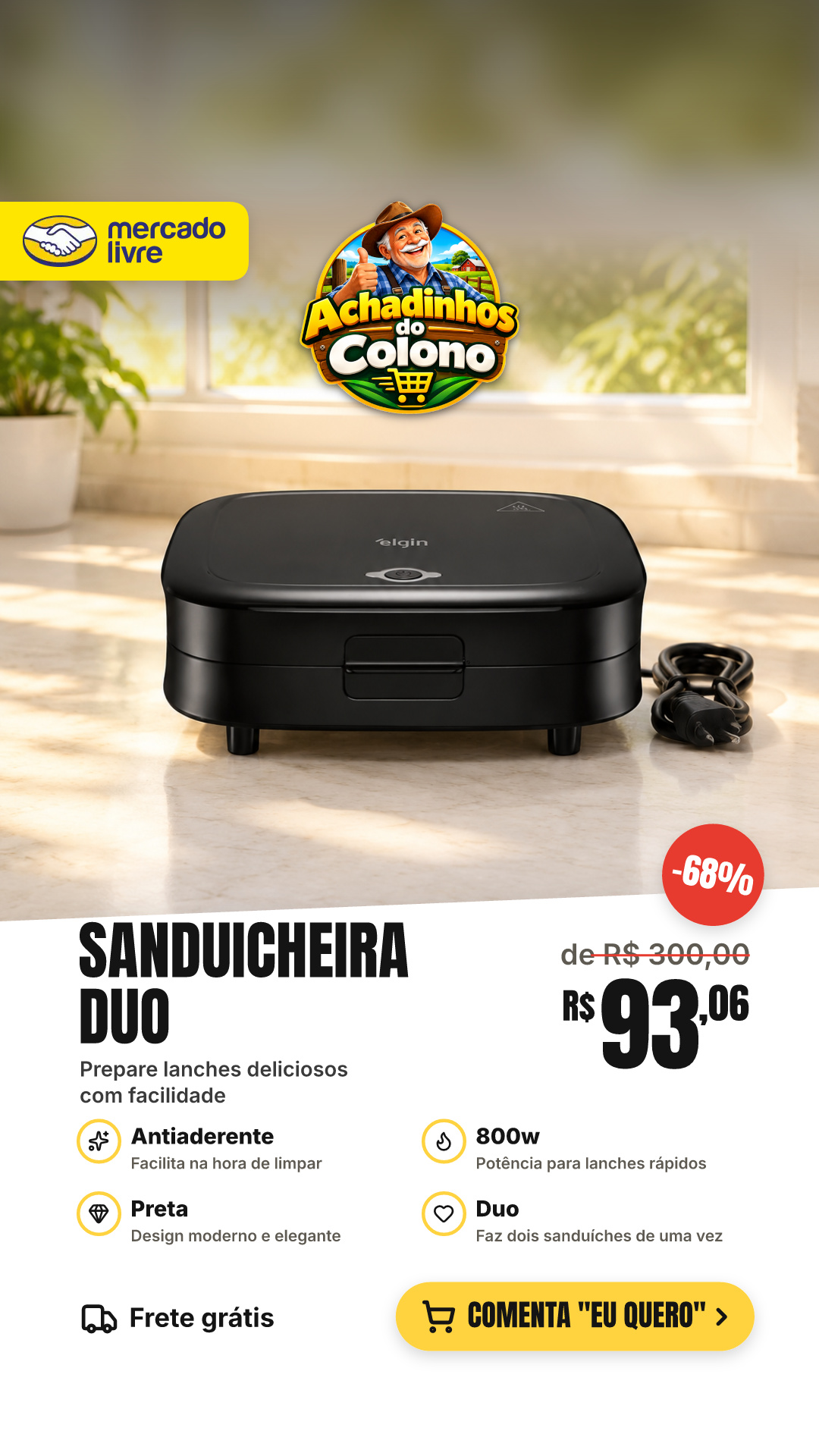 Sanduicheira Duo Time 800w Antiaderente Preta Elgin Preto 127v