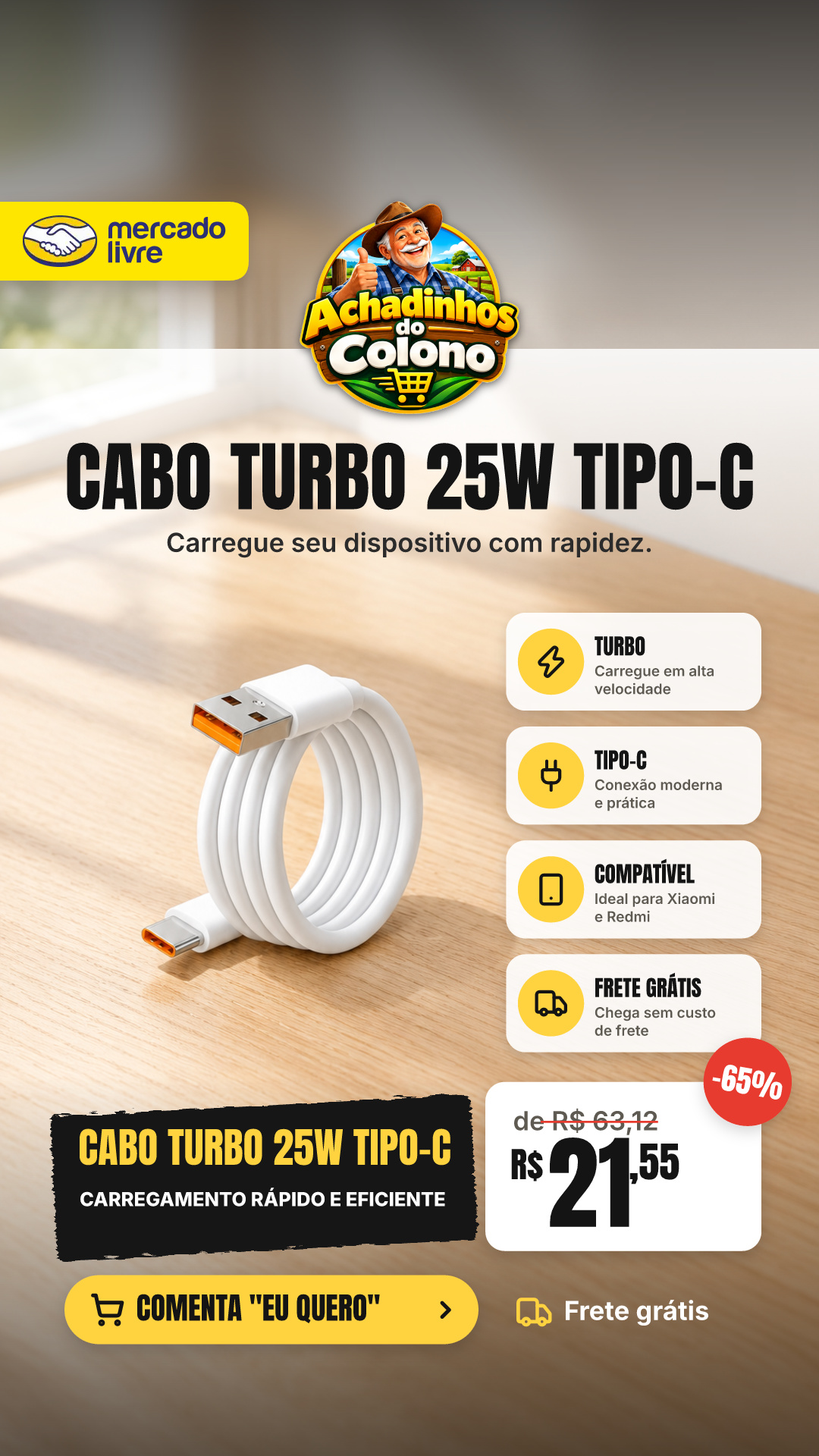 Cabo Turbo Carregador 25w Para Xiaomi Tipo-c Redmi Poco Pro Branco
