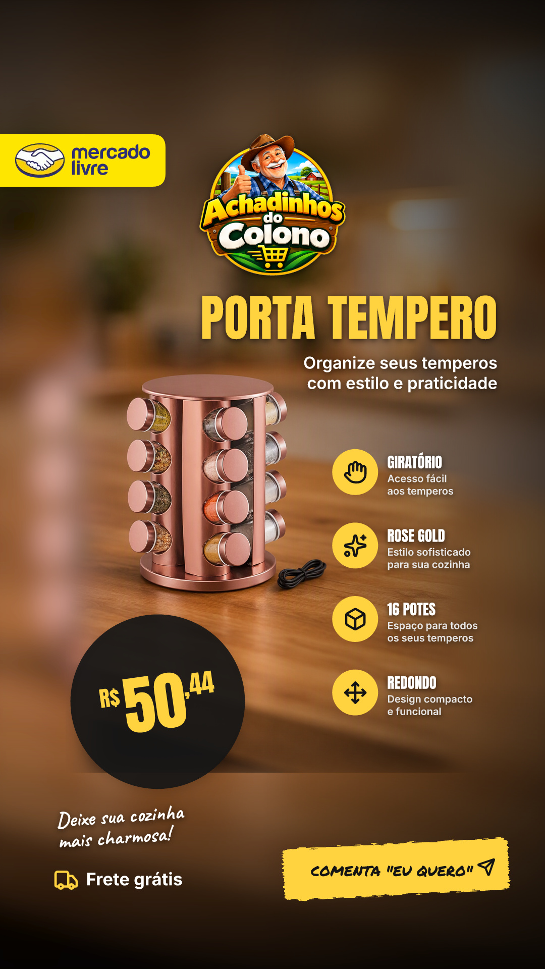 Porta Tempero Condimento 16 Potes Rose Redondo Giratório Rose Gold
