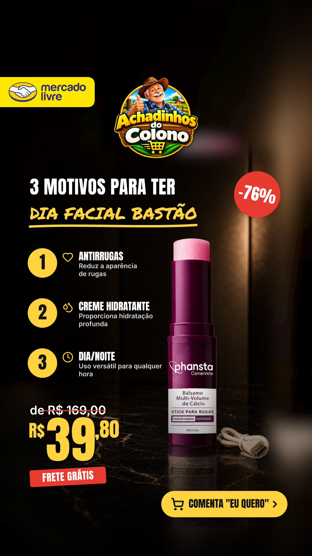 Dia Facial Bastão Antirrugas Com Colágeno Creme Hidratante Todo Tipo De Pele Dia/noite