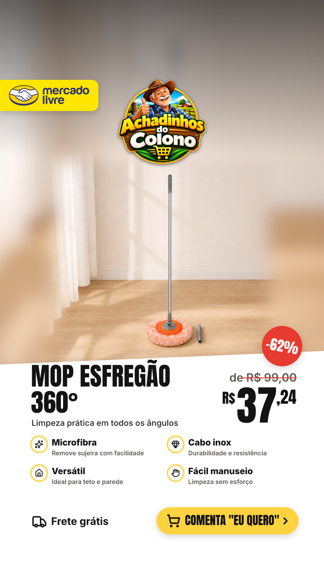 Mop Esfregão 360° Microfibra Cabo Inox 1,5m Teto Parede Piso Laranja