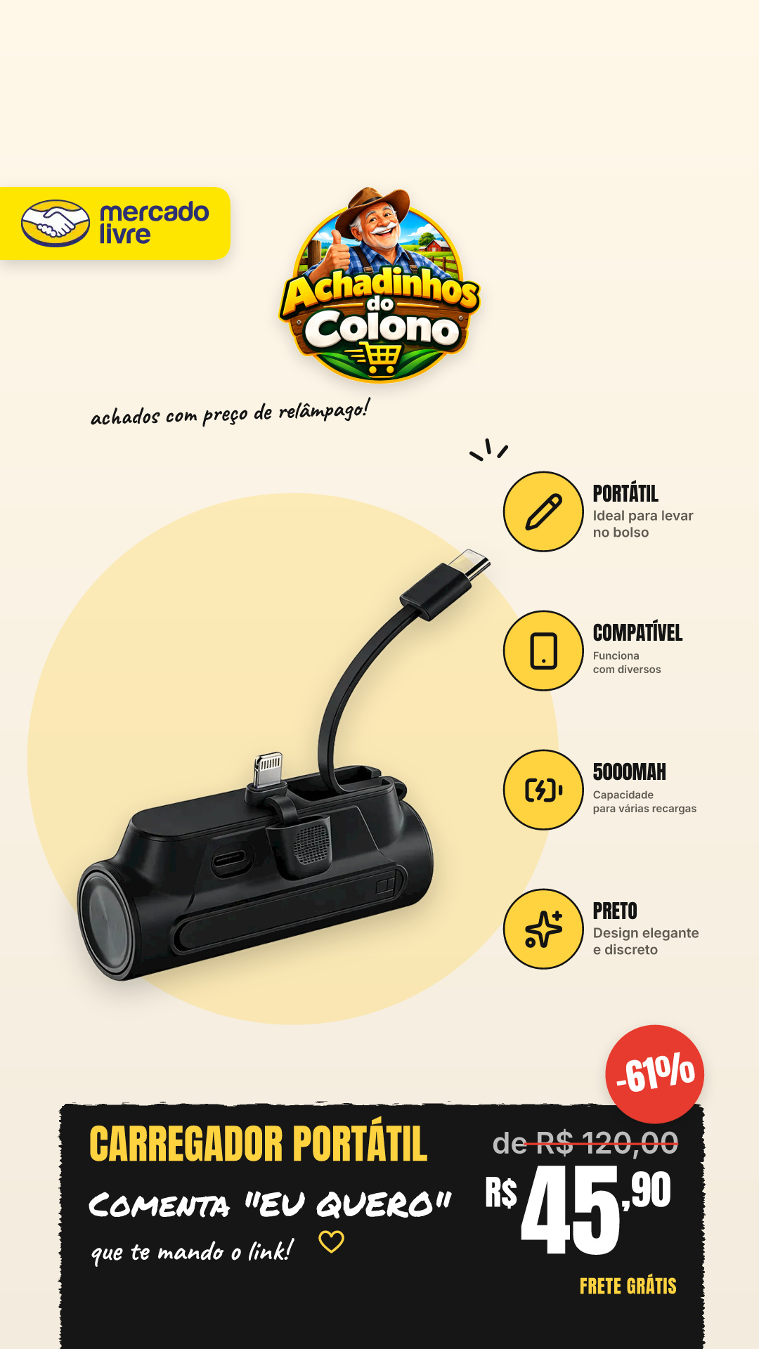 Carregador Portátil De Bolso Power Bank Pocket Com iPhone Notebook Samsung Apple Xiaomi Android Mac Ios 5000mah Preto