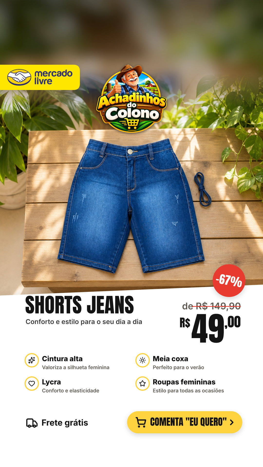 Shorts Jeans Cintura Alta Meia Coxa Lycra Roupas Femininas