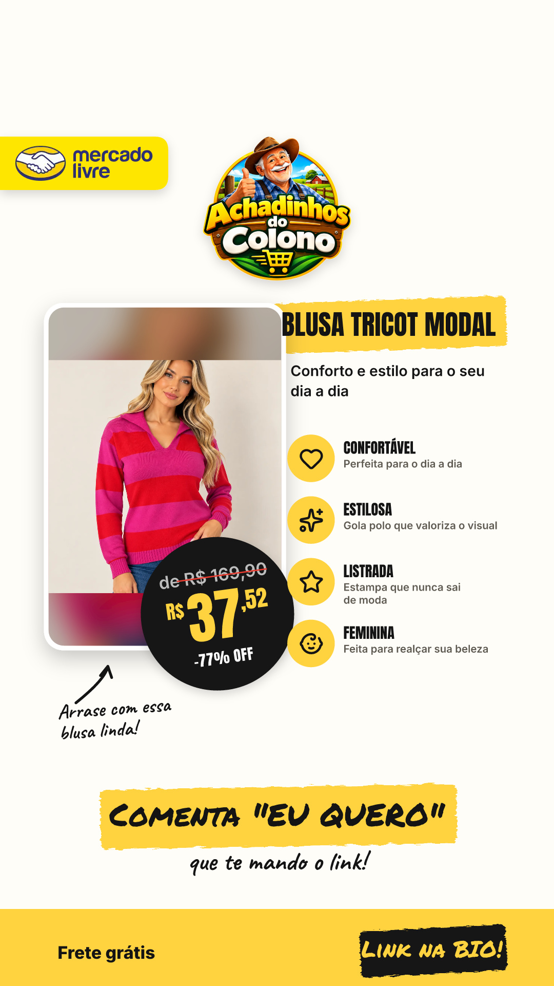 Blusa Feminina Tricot Modal Premium Gola Polo Listrado Mony