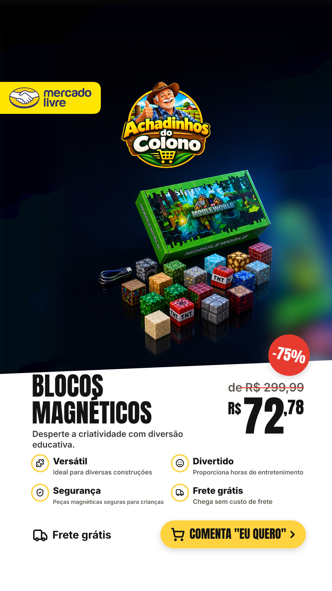 Minecraft Module World 100 Peças Blocos Magnéticos Educativo 100 Module World Minecraft