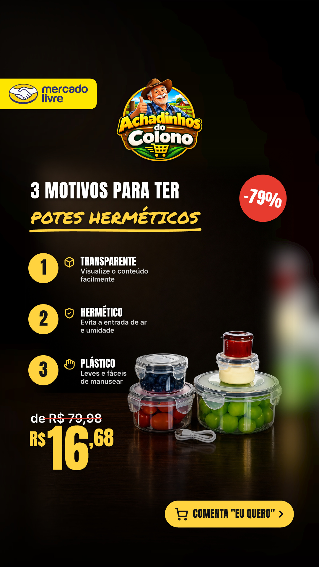 Kit Potes Hermeticos Transparente 5 Vasilhas Plasticas Transparente